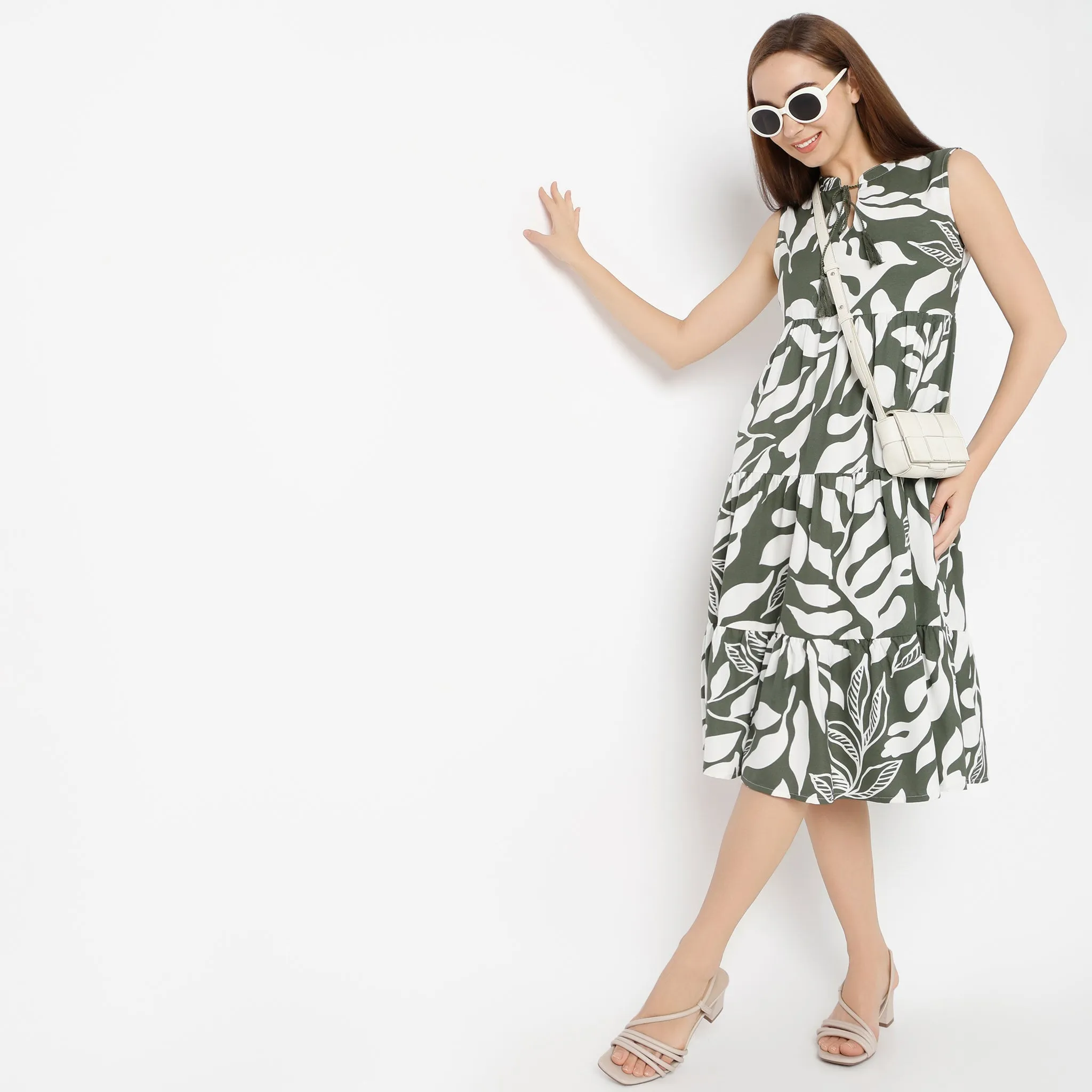 Band Neck Calf Length Flare Fit Floral Printed Strap Dress Hotel Style