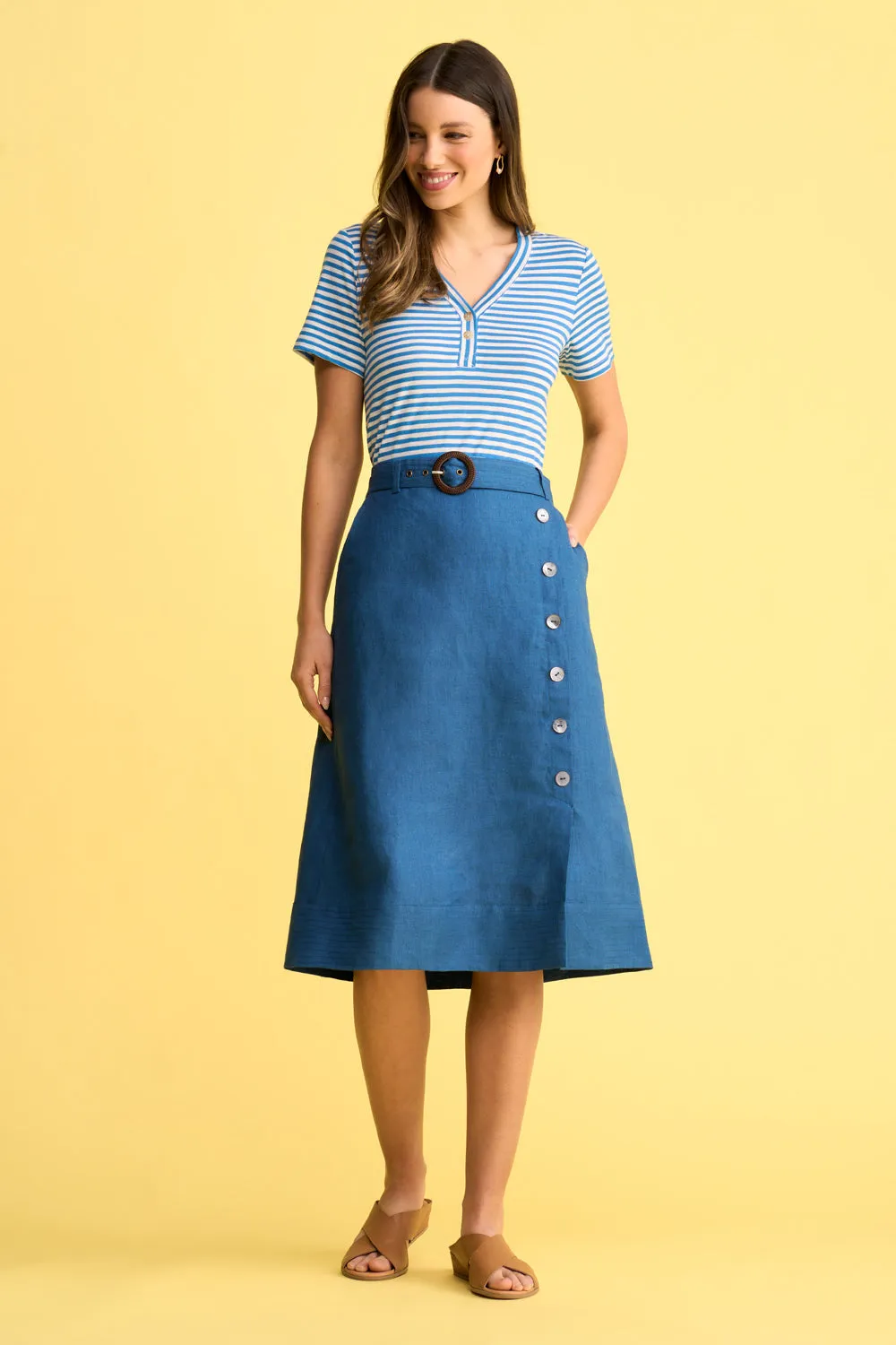 Belted Linen Skirt - Navy Cross Dye Flexible Comfort