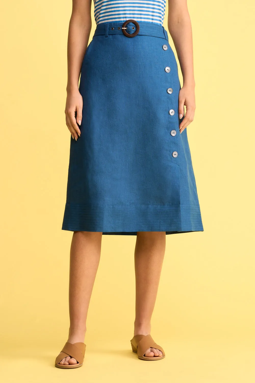 Twist Front Tiered Layers Belted Linen Skirt - Navy Cross Dye