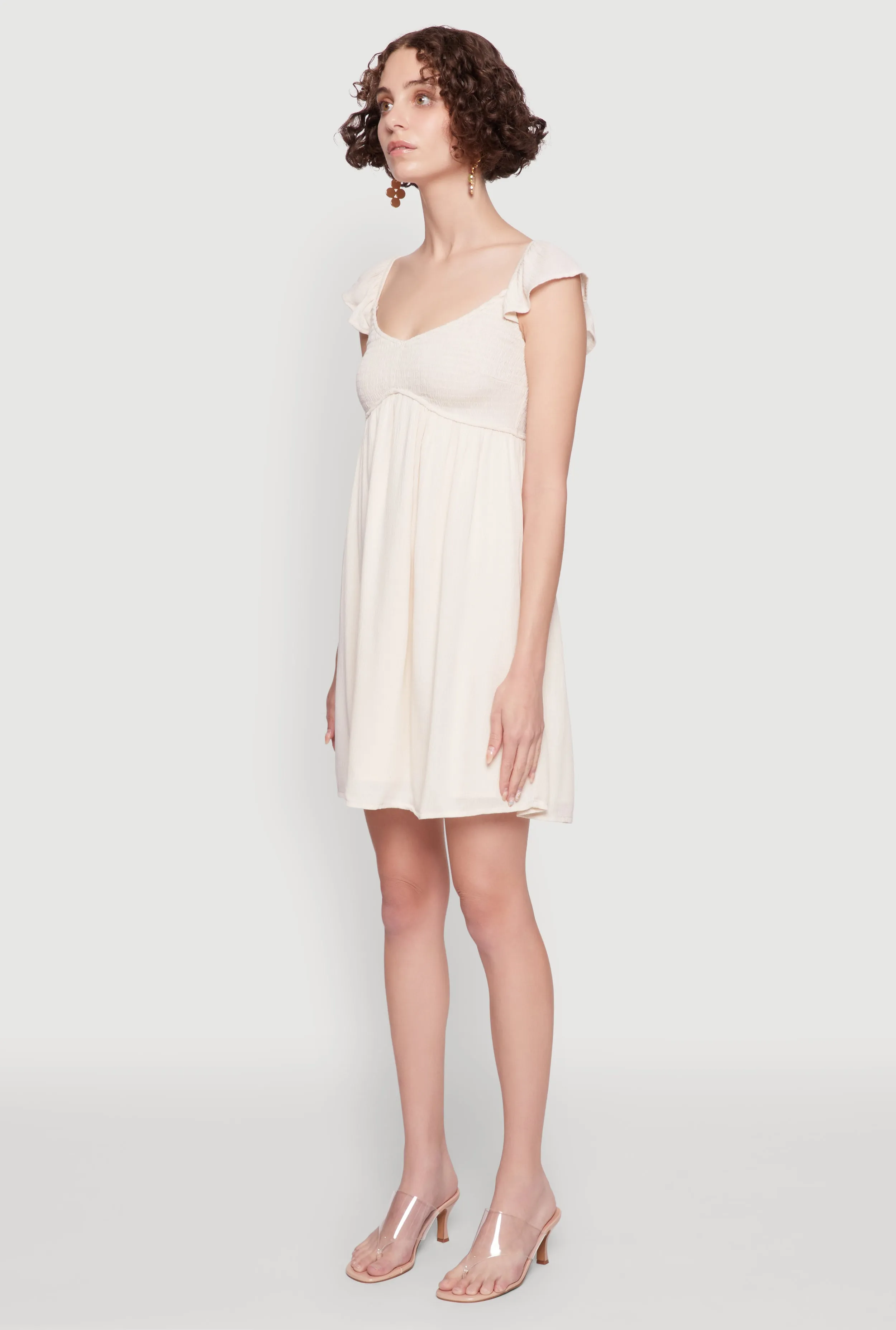 Urban Style Wear Casual Design Smocked Flutter Sleeve Empire Waist Mini Dress