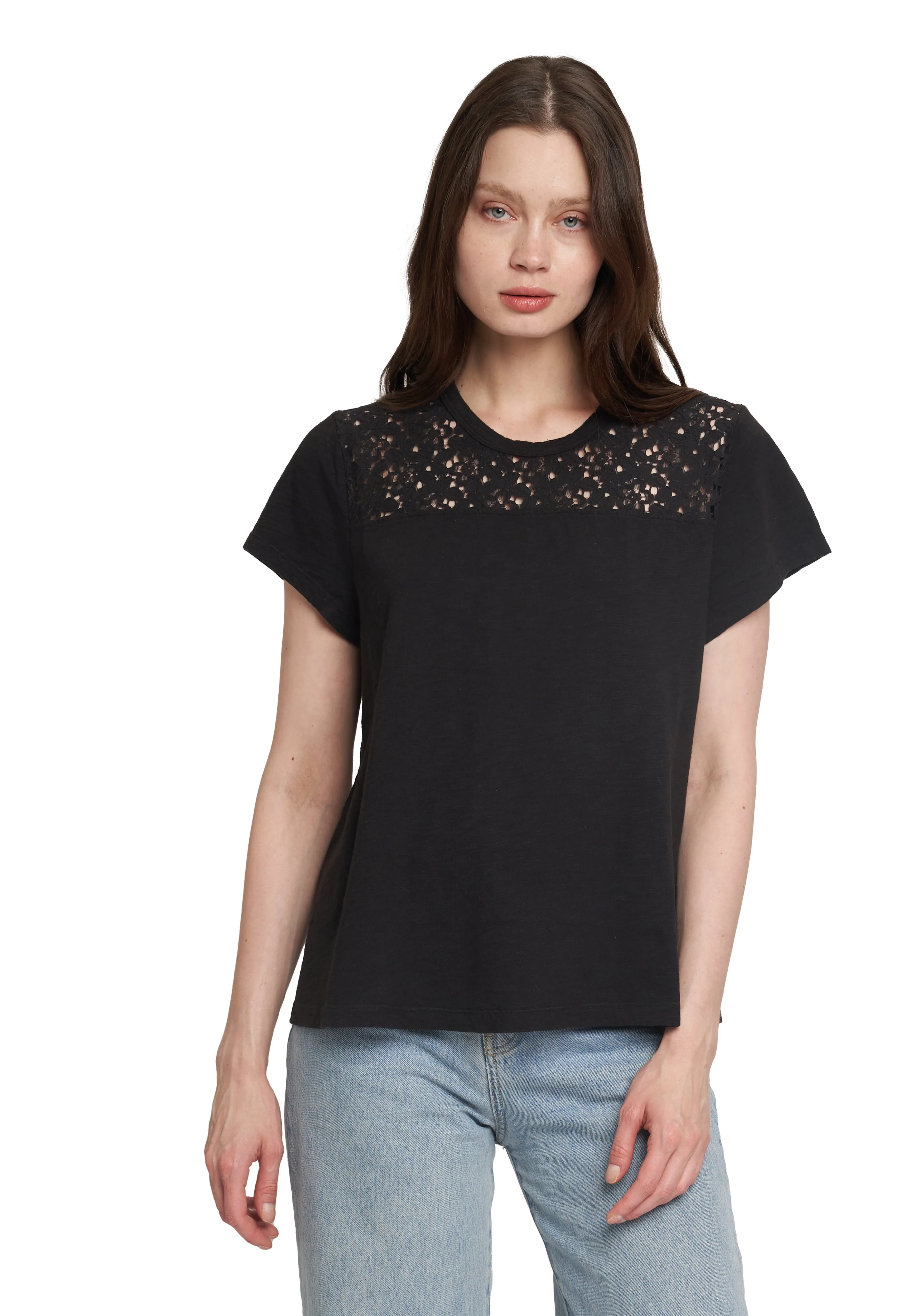 Easy Short Sleeve Crew Lace Yoke Fresh Glow Flexible Material