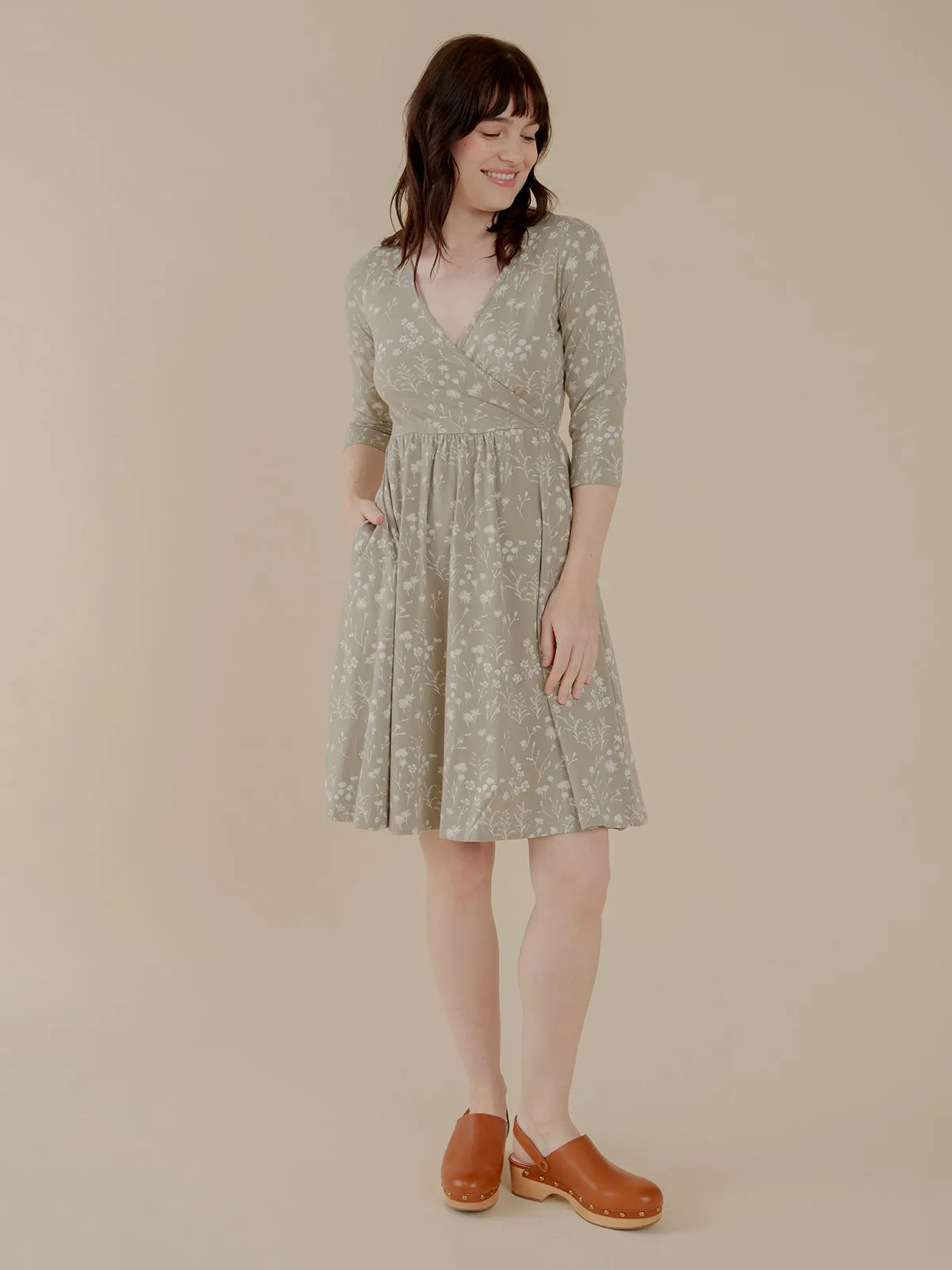 Adjustable Waistband Fresh Glow Callie 3/4 Sleeve Wrap Dress - Field Taupe