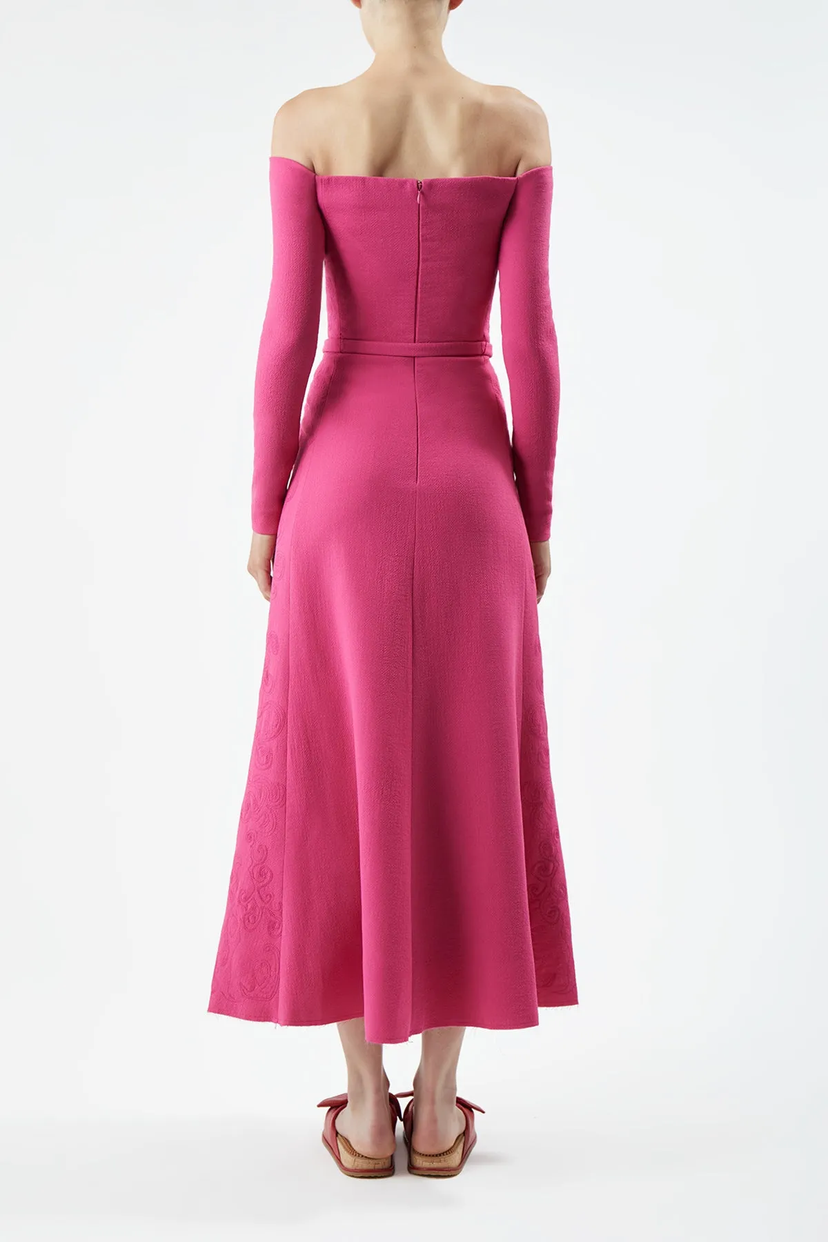 NoSlip Hem Focus Mood Carole Embroidered Dress in Fuchia Virgin Wool Crepe