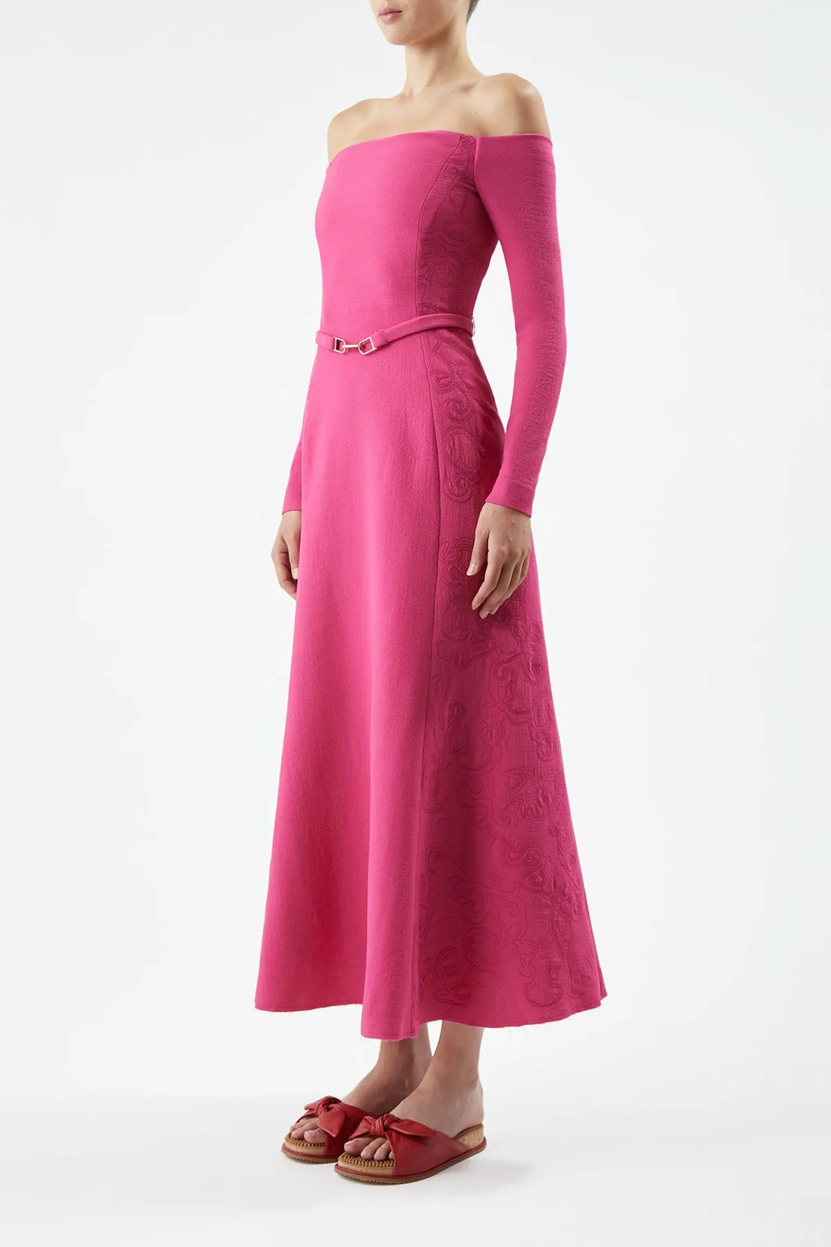 Carole Embroidered Dress in Fuchia Virgin Wool Crepe Heavy Silk AirflowOptimized