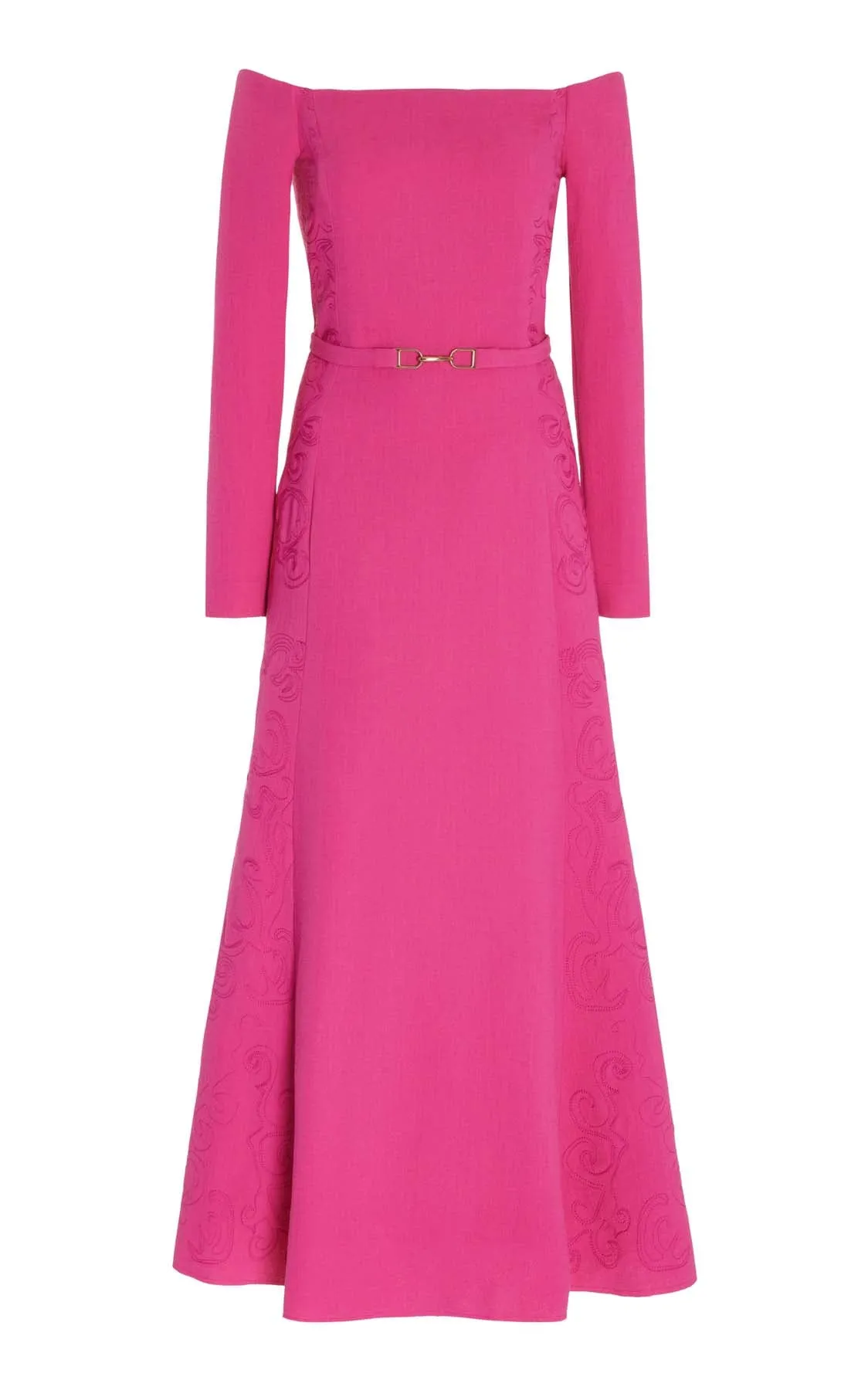 Carole Embroidered Dress in Fuchia Virgin Wool Crepe Group Mood Matte Fit