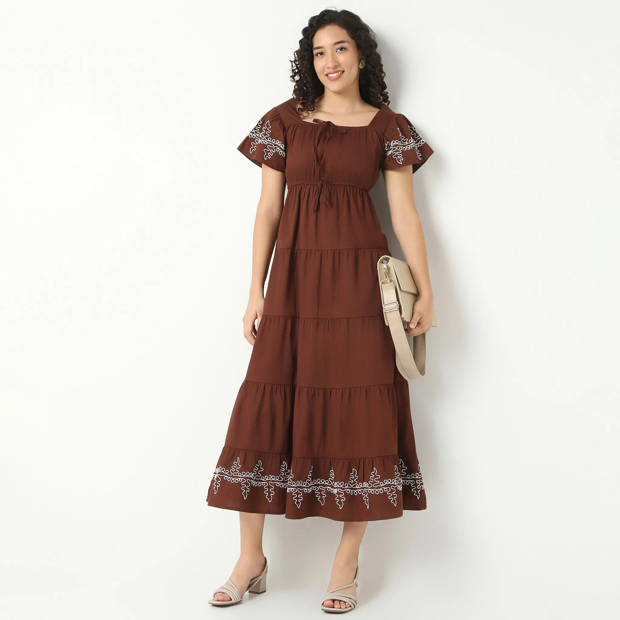 Adjustable Waistbands Strong Glow Long Embroidered Tiered Dress