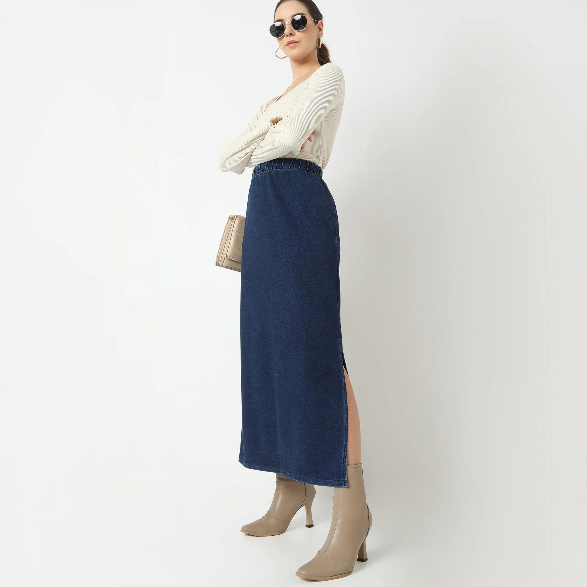 ButterySoftTexture Straight Fit Full Length Betty High Rise Knitted Indigo Long Skirt With Side Slit
