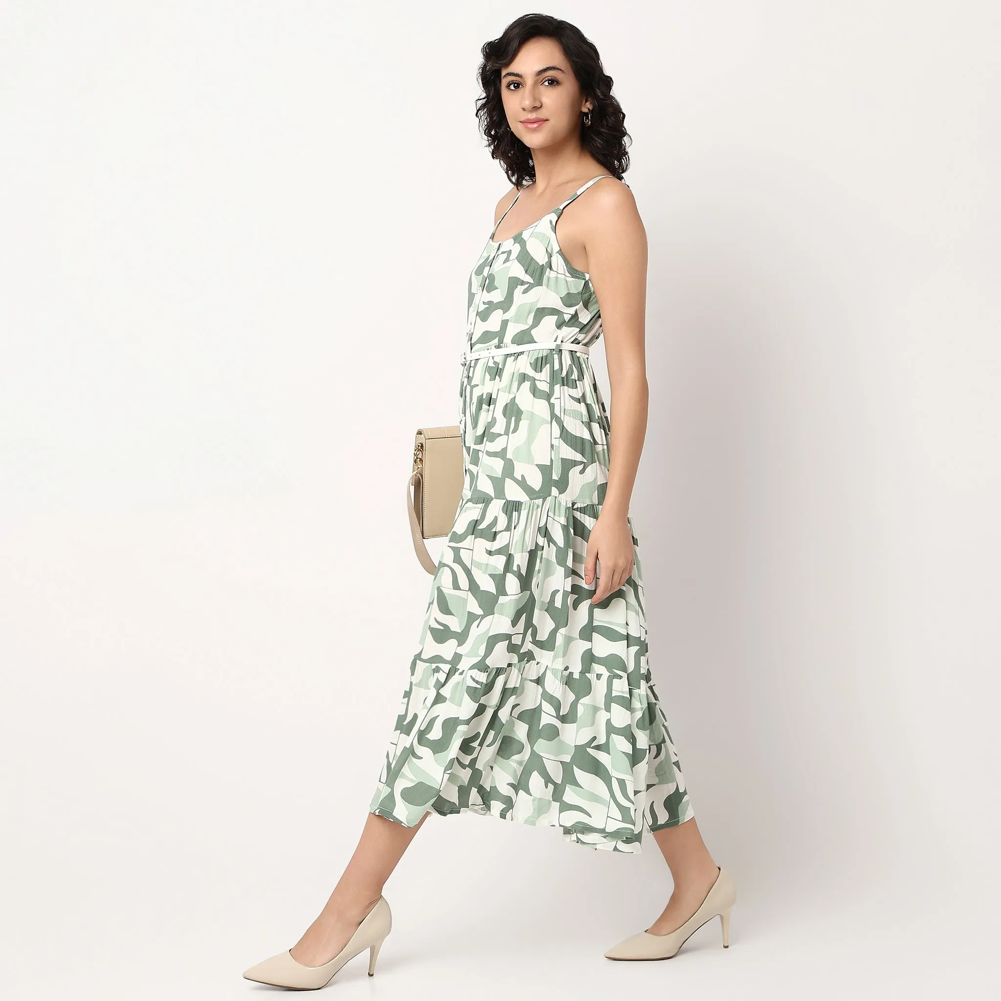 Scoop Neck Printed Strappy Tiered Dress NonIrritatingSeams WaterRepellentCoating