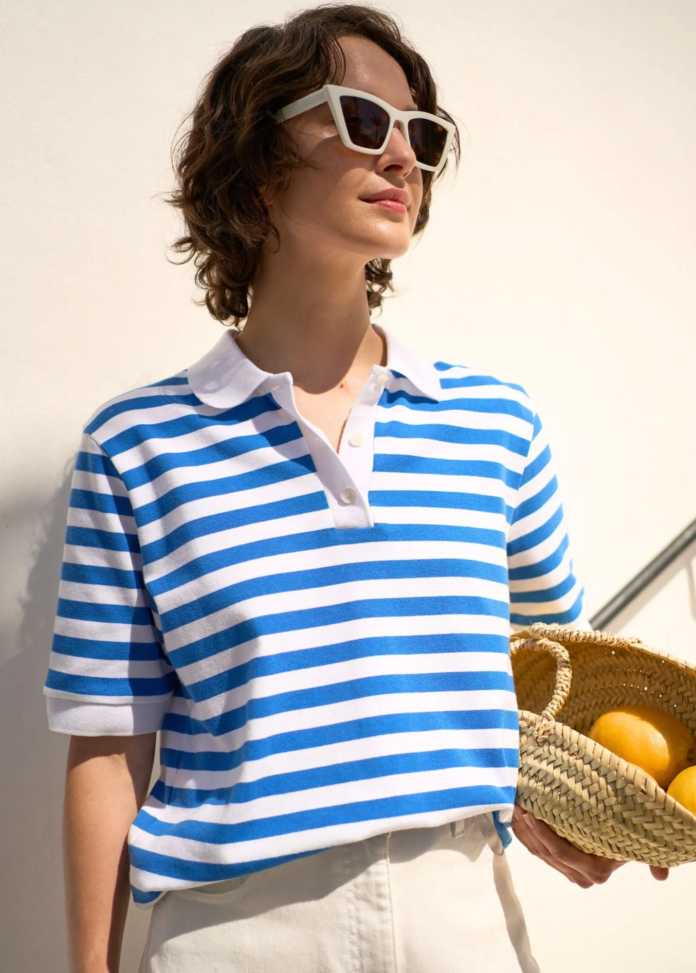 AntiStatic Treatment Easy Breath CAROLA - Striped Cotton Polo Shirt  (WHITE / MER BLUE)