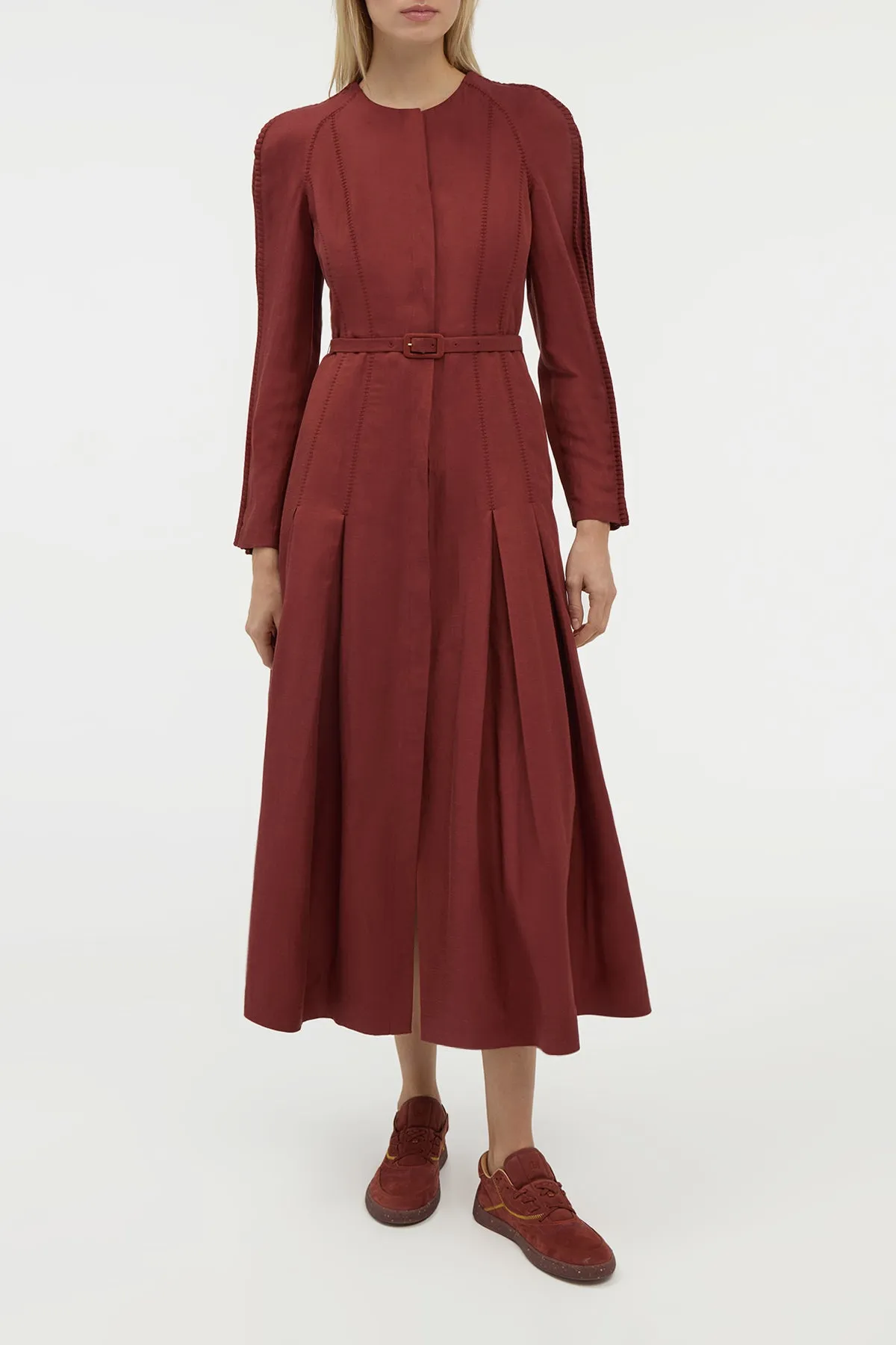 World Tone Niles Pleated Maxi Shirtdress in Burnt Sienna Linen Silk