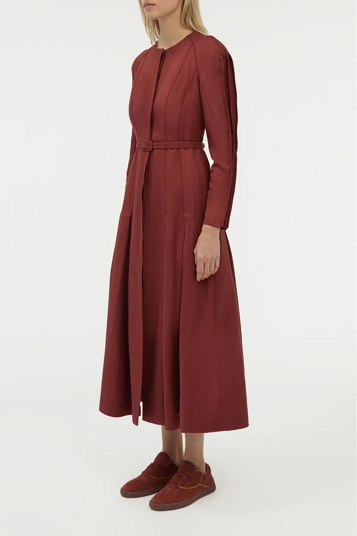 Easy Wash AntiBacterialTreatment Niles Pleated Maxi Shirtdress in Burnt Sienna Linen Silk