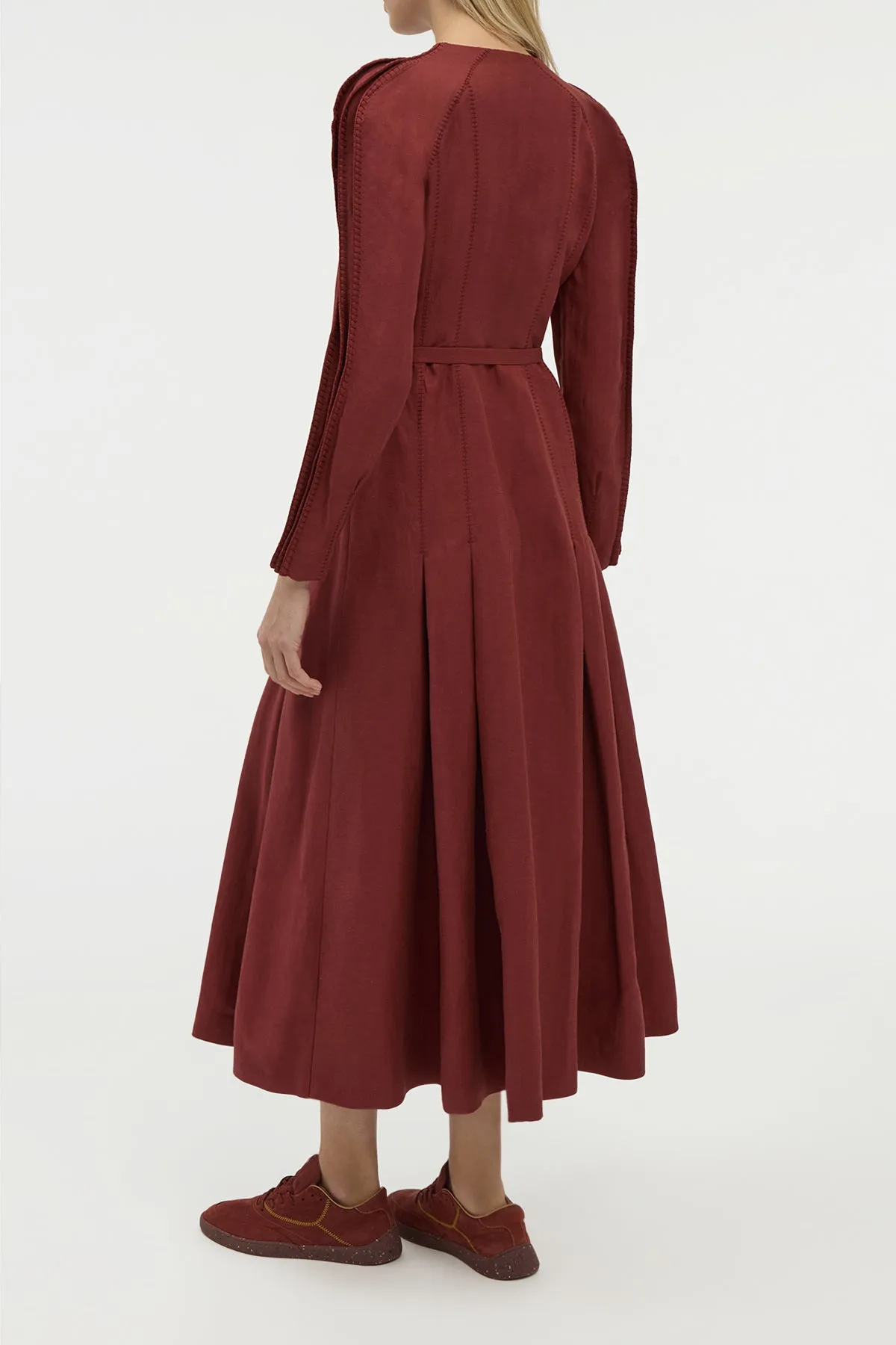 NoIrritationSeams BuiltIn Grip Niles Pleated Maxi Shirtdress in Burnt Sienna Linen Silk