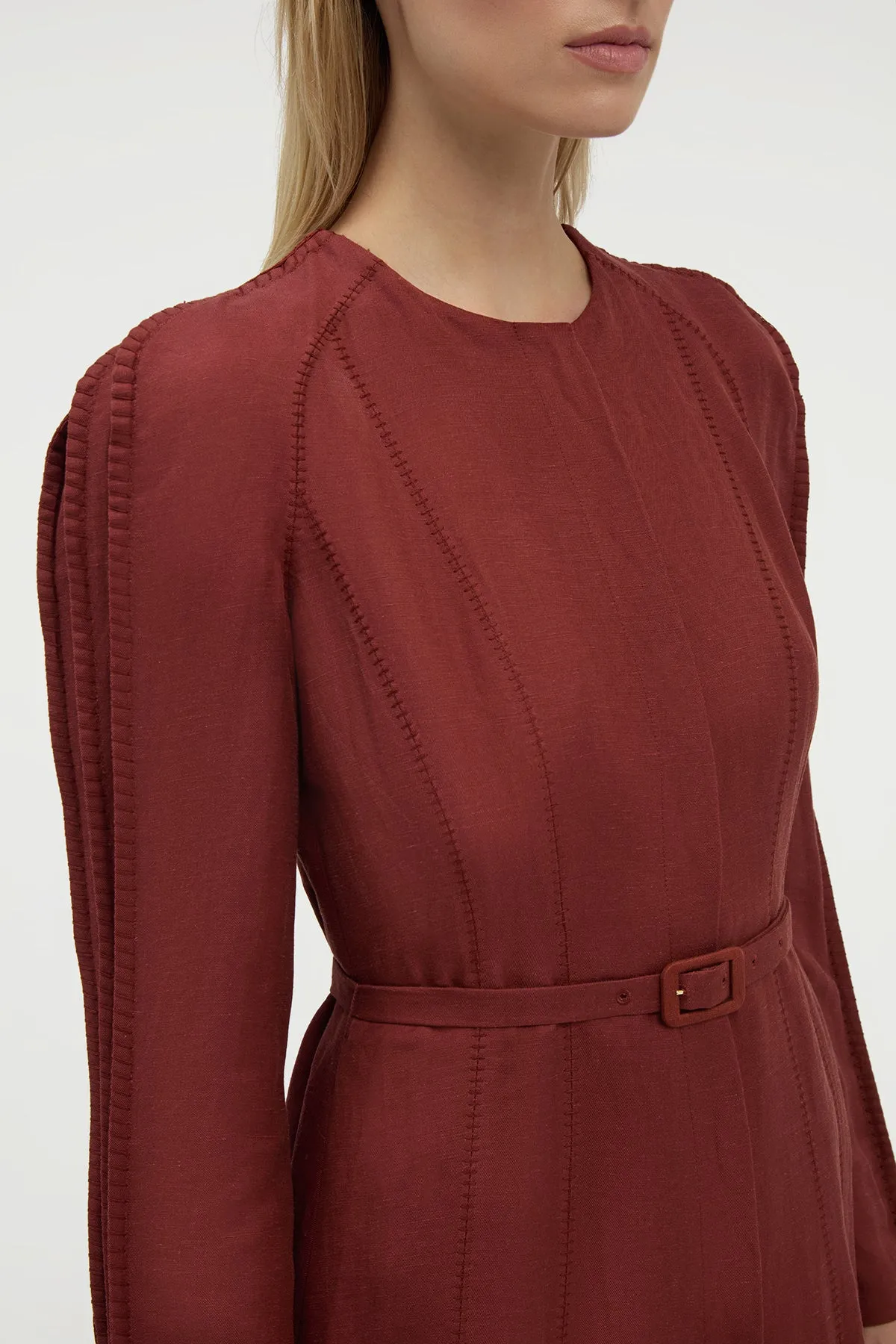Niles Pleated Maxi Shirtdress in Burnt Sienna Linen Silk DurableThreadwork Downtown Cool