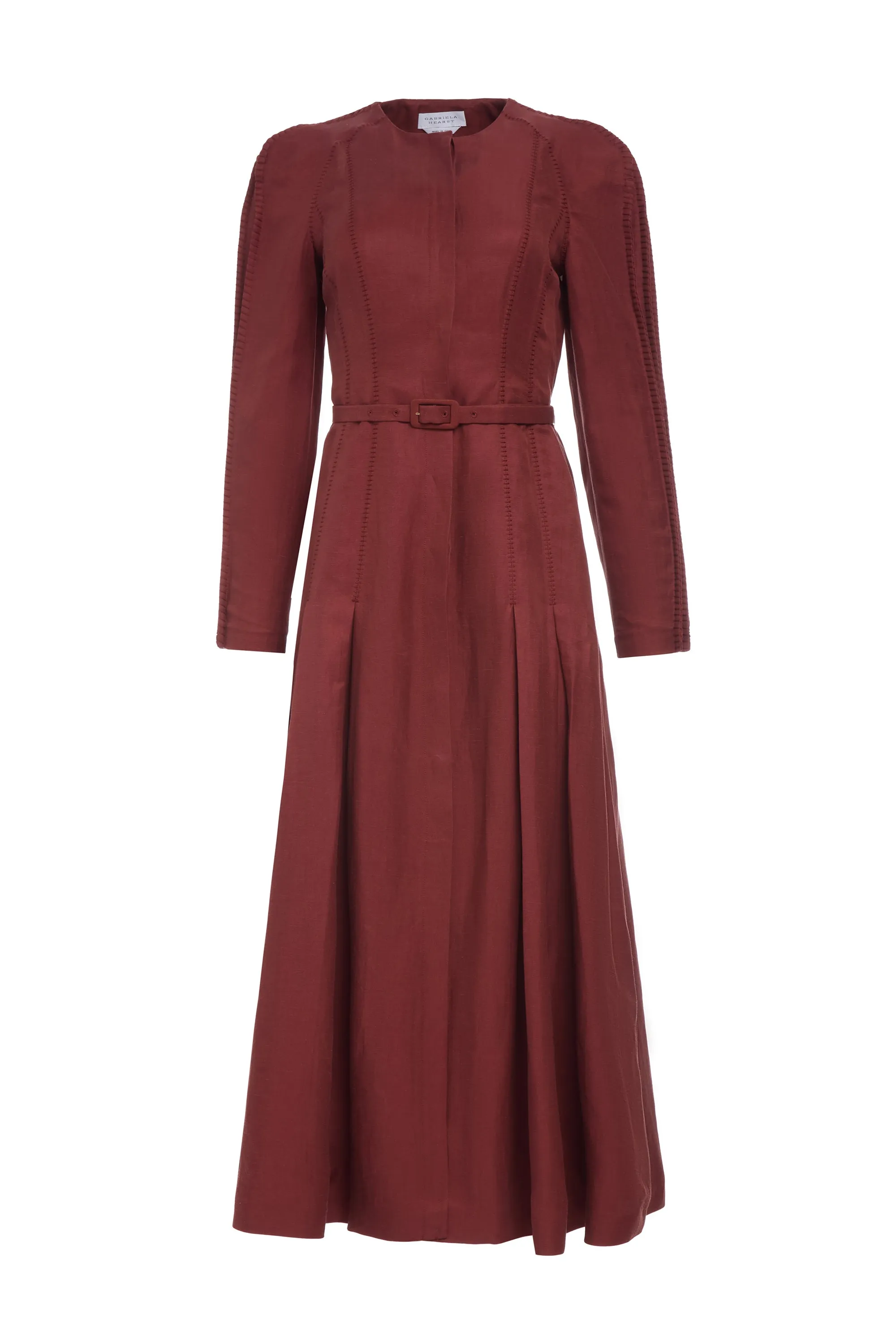 Street Edge Tropical Glow Niles Pleated Maxi Shirtdress in Burnt Sienna Linen Silk