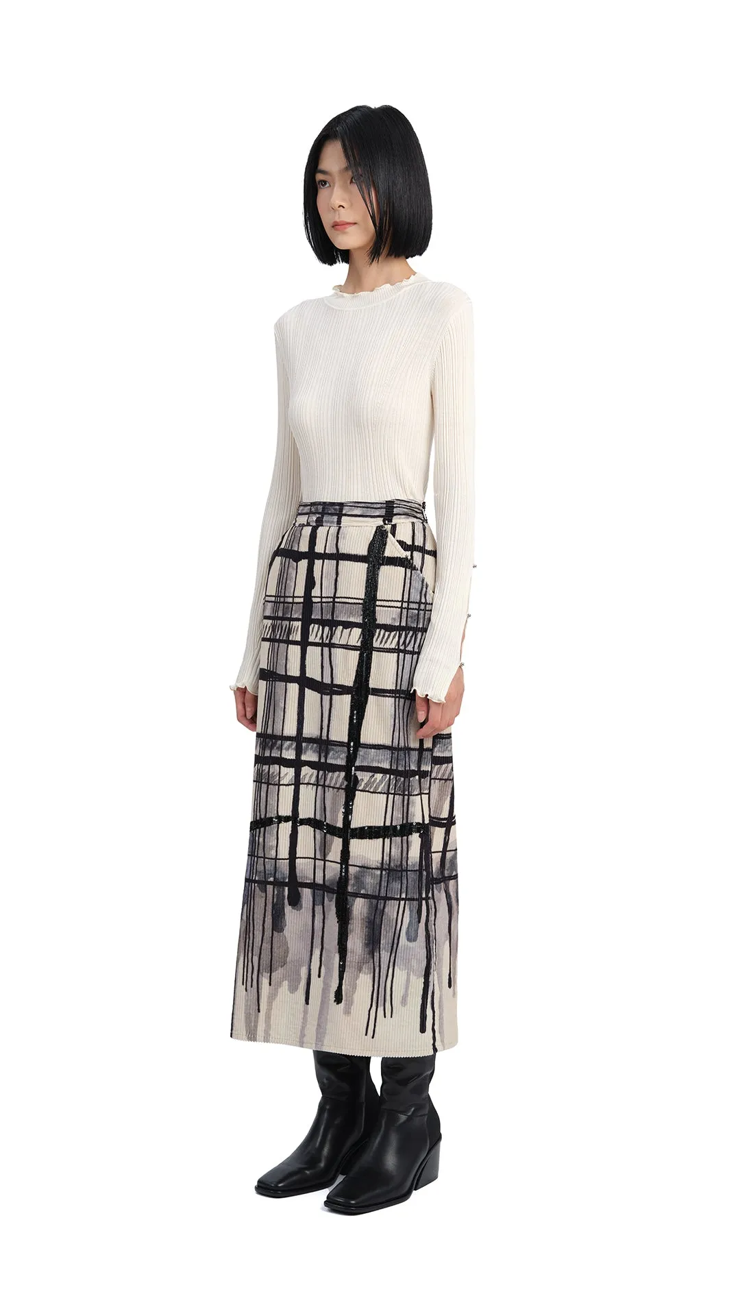 Outfit Ideas Handcrafted Checker Printed Corduroy Fishtail Skirt
