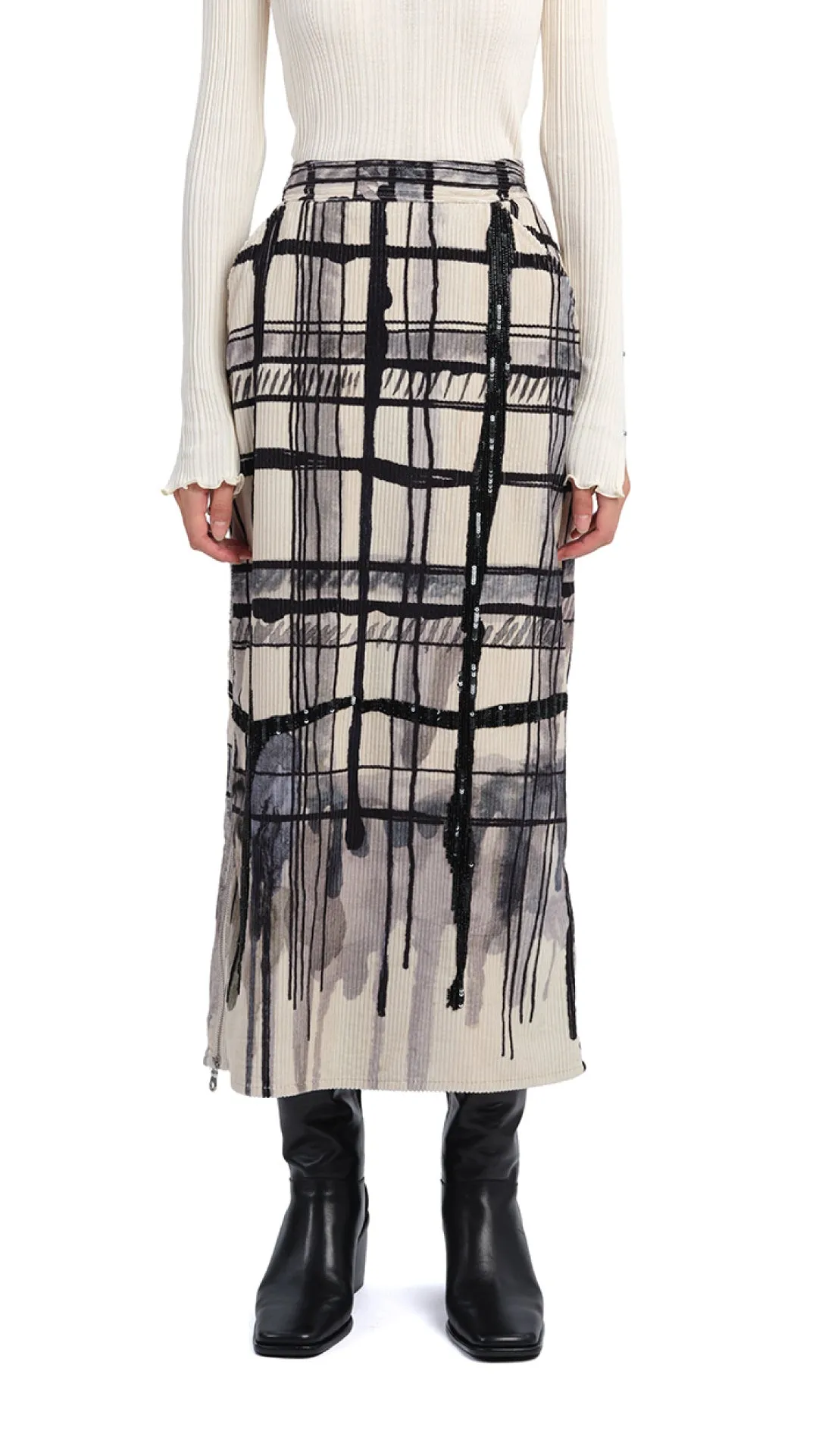 Comfort Fit Convertible Style Handcrafted Checker Printed Corduroy Fishtail Skirt