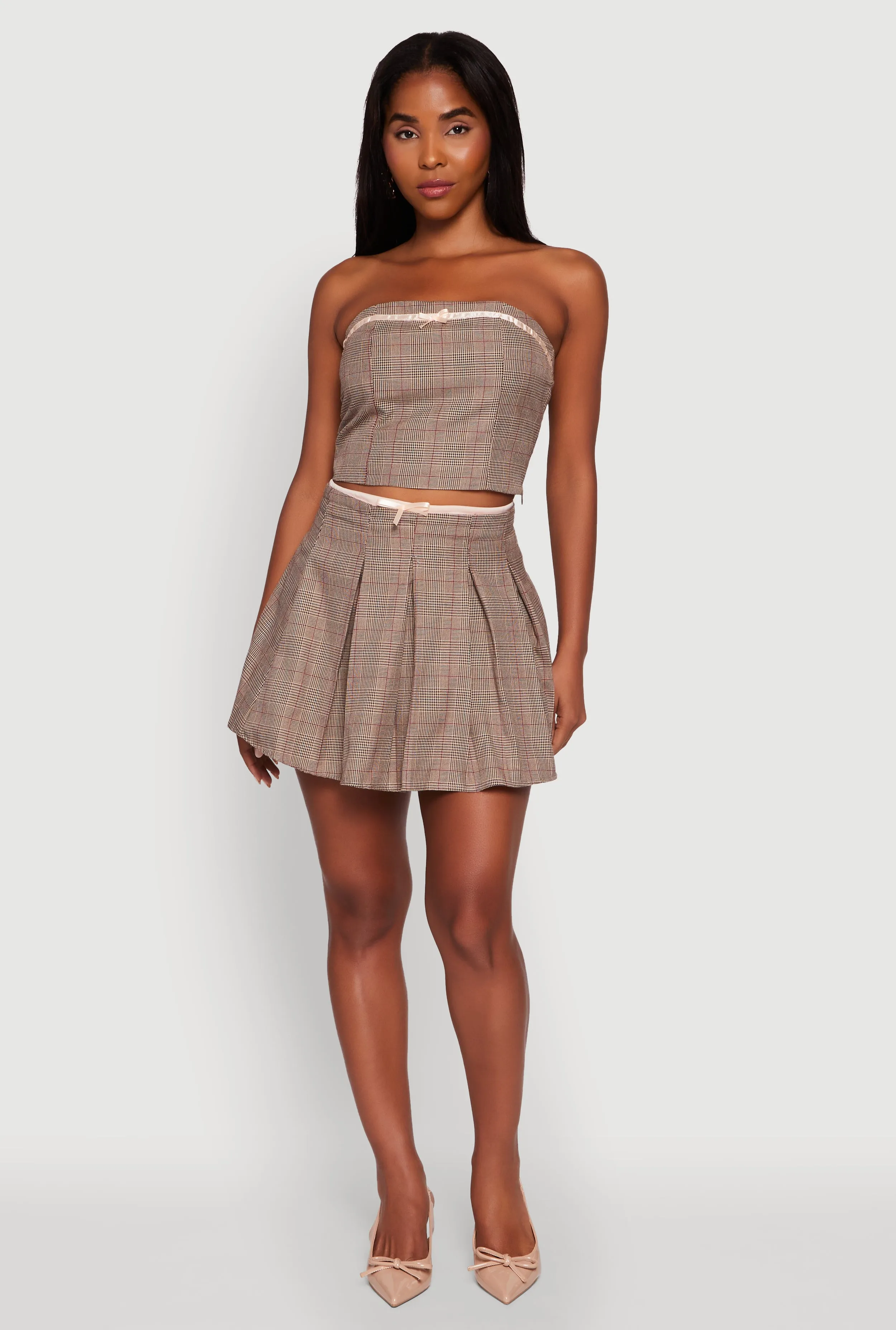 Shape Enhancing Diagonal Slit Plaid Mini Pleated Skirt with Contrast Waistband