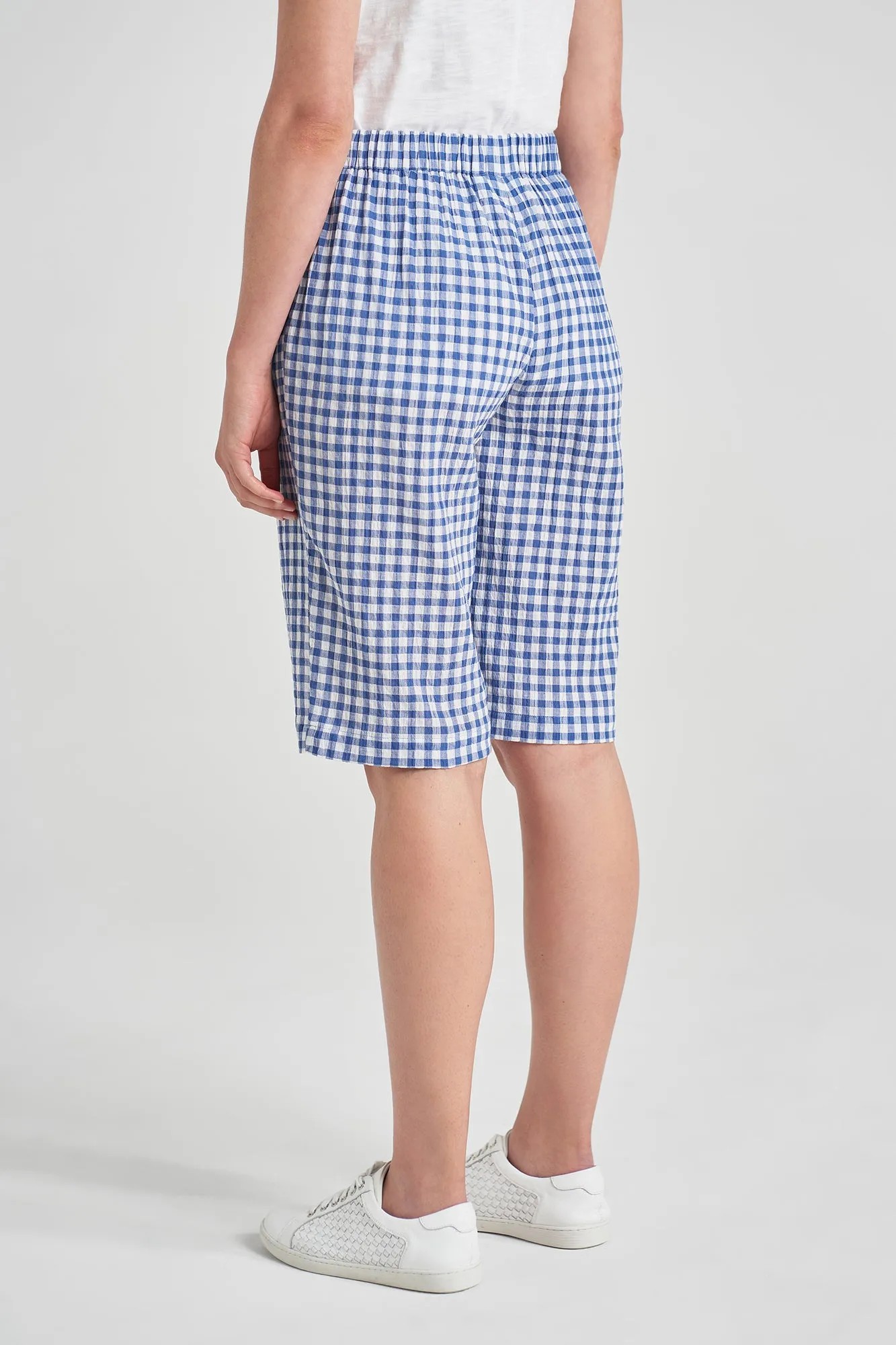 Cotton Gingham Short - Blue Gingham tie-dye look Non Binding Waistline
