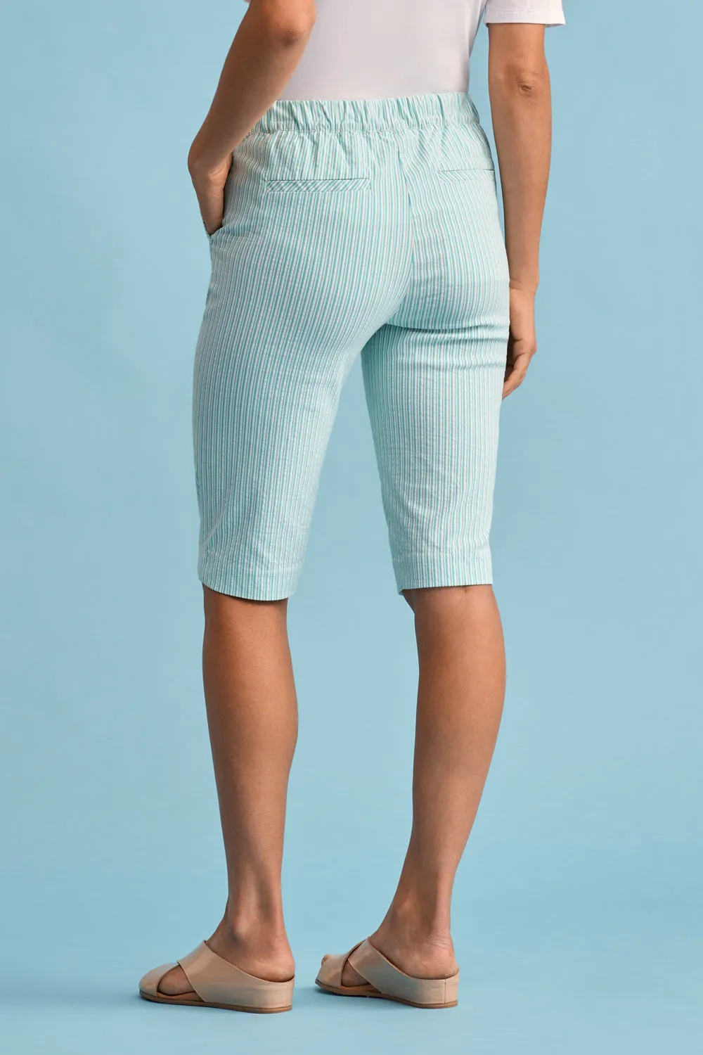 Seersucker Stripe Short - Turquoise Stripe No Slip Waistband School Uniform