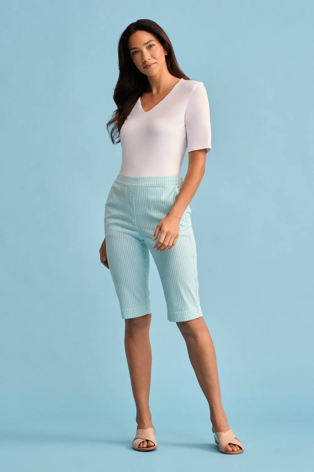 Seersucker Stripe Short - Turquoise Stripe Glide On Waist System