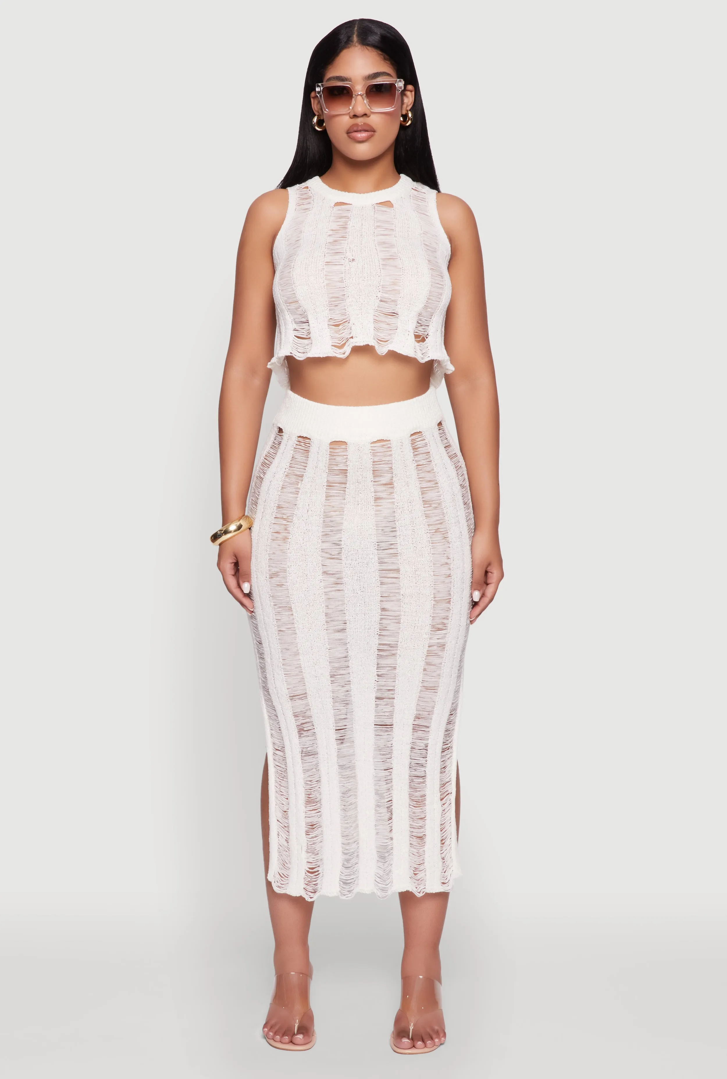 Chic High Waisted Midi Pencil Skirt with Side Slits Opaque finish