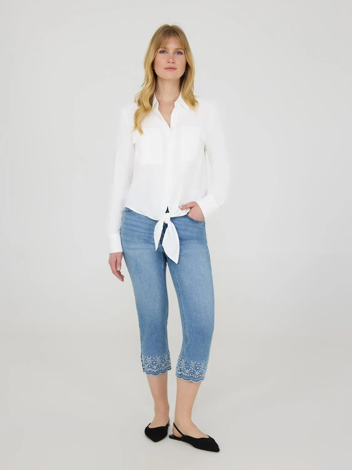 Denim Capri Pants With Embroidered Hem Smooth Form Morning Stroll Stretch