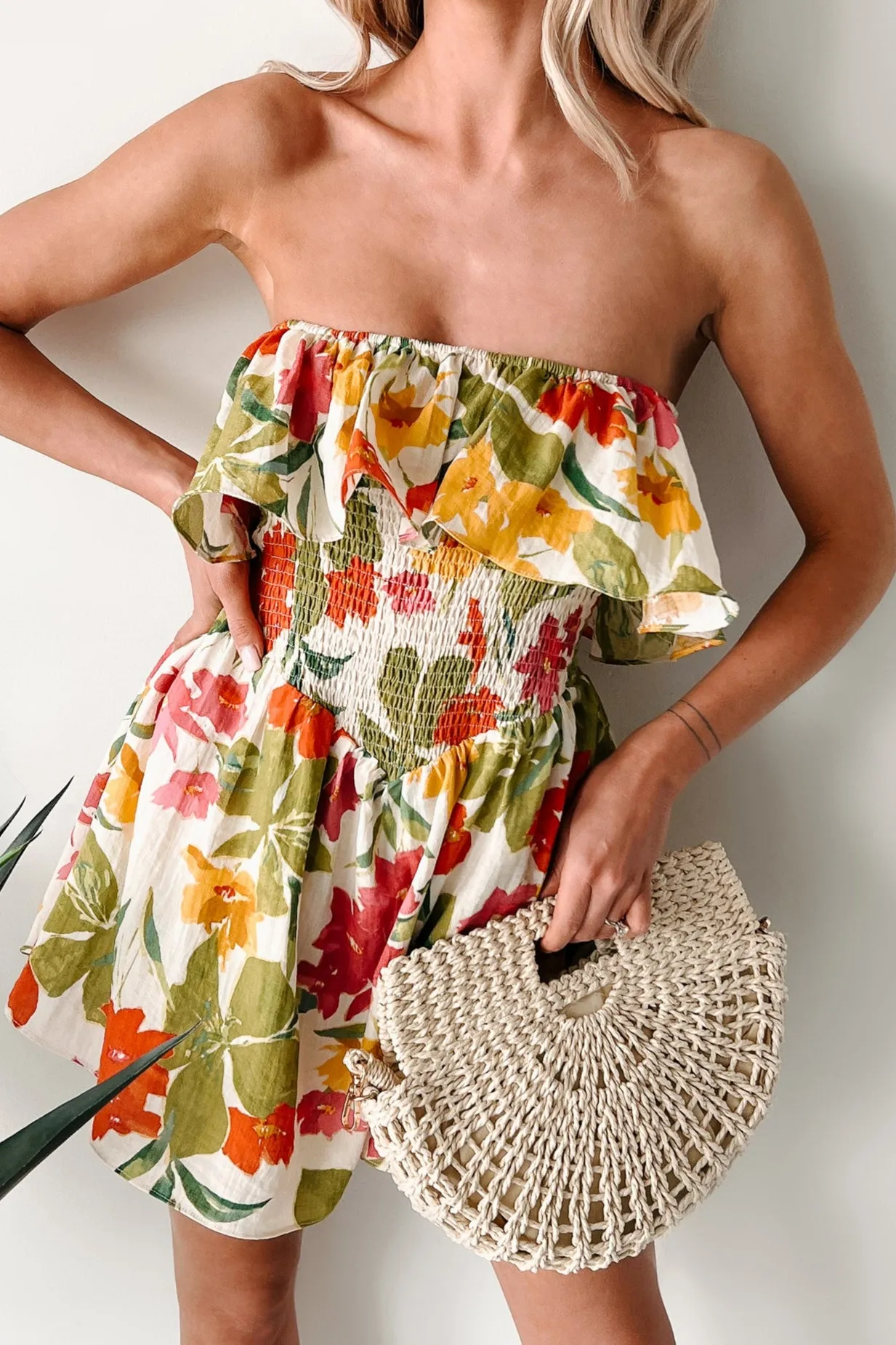 Soft Breezes Strapless Floral Romper Dress (Cream/Multi) Overlapping Panel Design