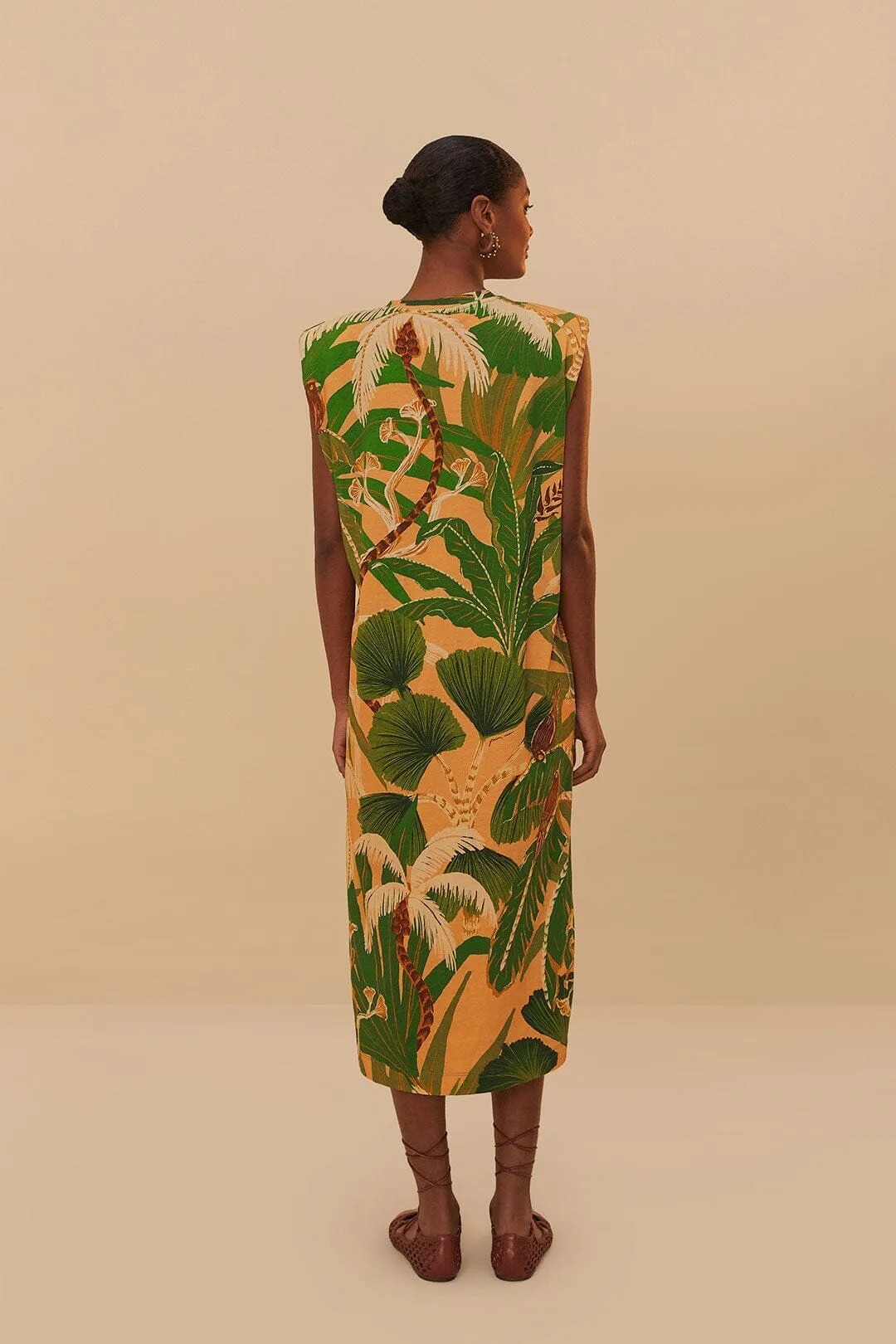 Beige Tropical Isla Padded Shoulders Midi Dress Feel Good