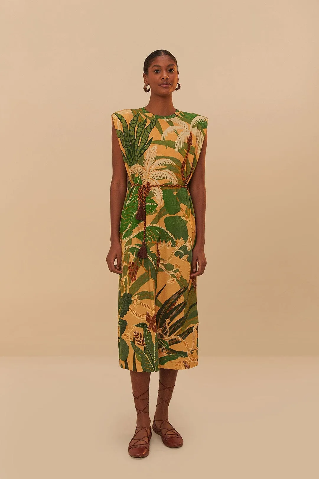 Relaxed Look Smart Chic Beige Tropical Isla Padded Shoulders Midi Dress