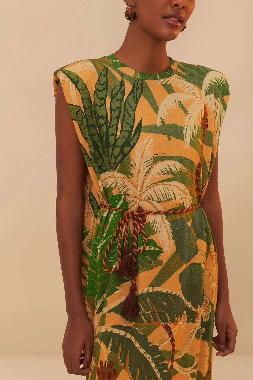 Beige Tropical Isla Padded Shoulders Midi Dress Earth Smell Theatre Time