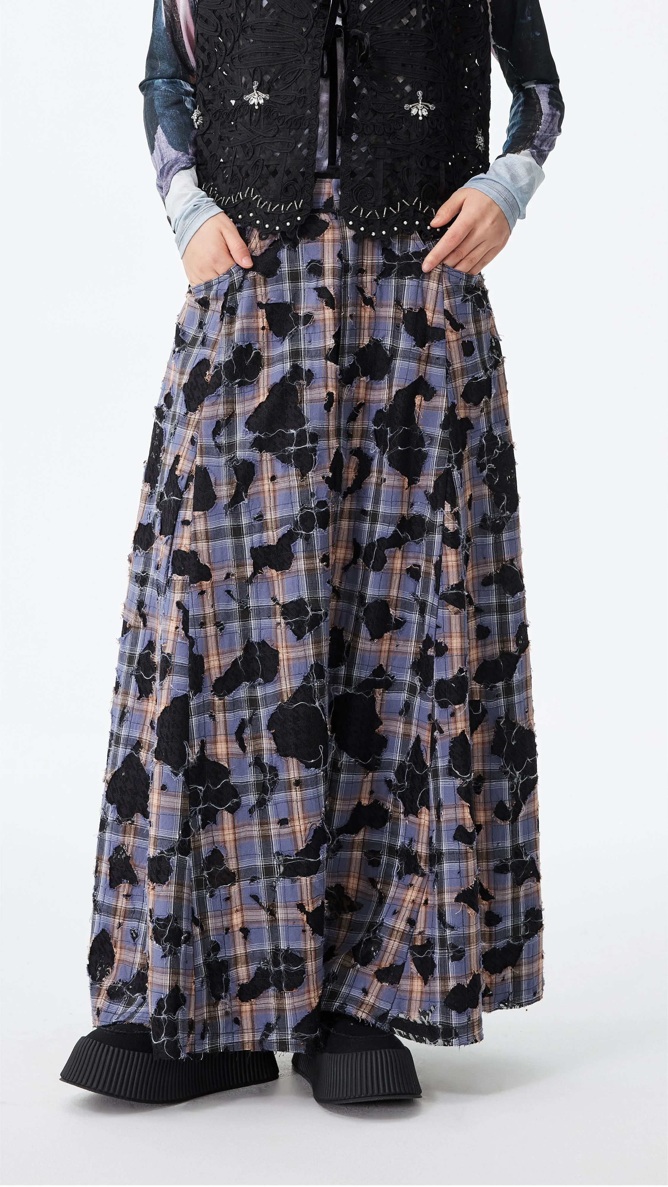 Patchwork Lace Flare Skirt Celebrity Style