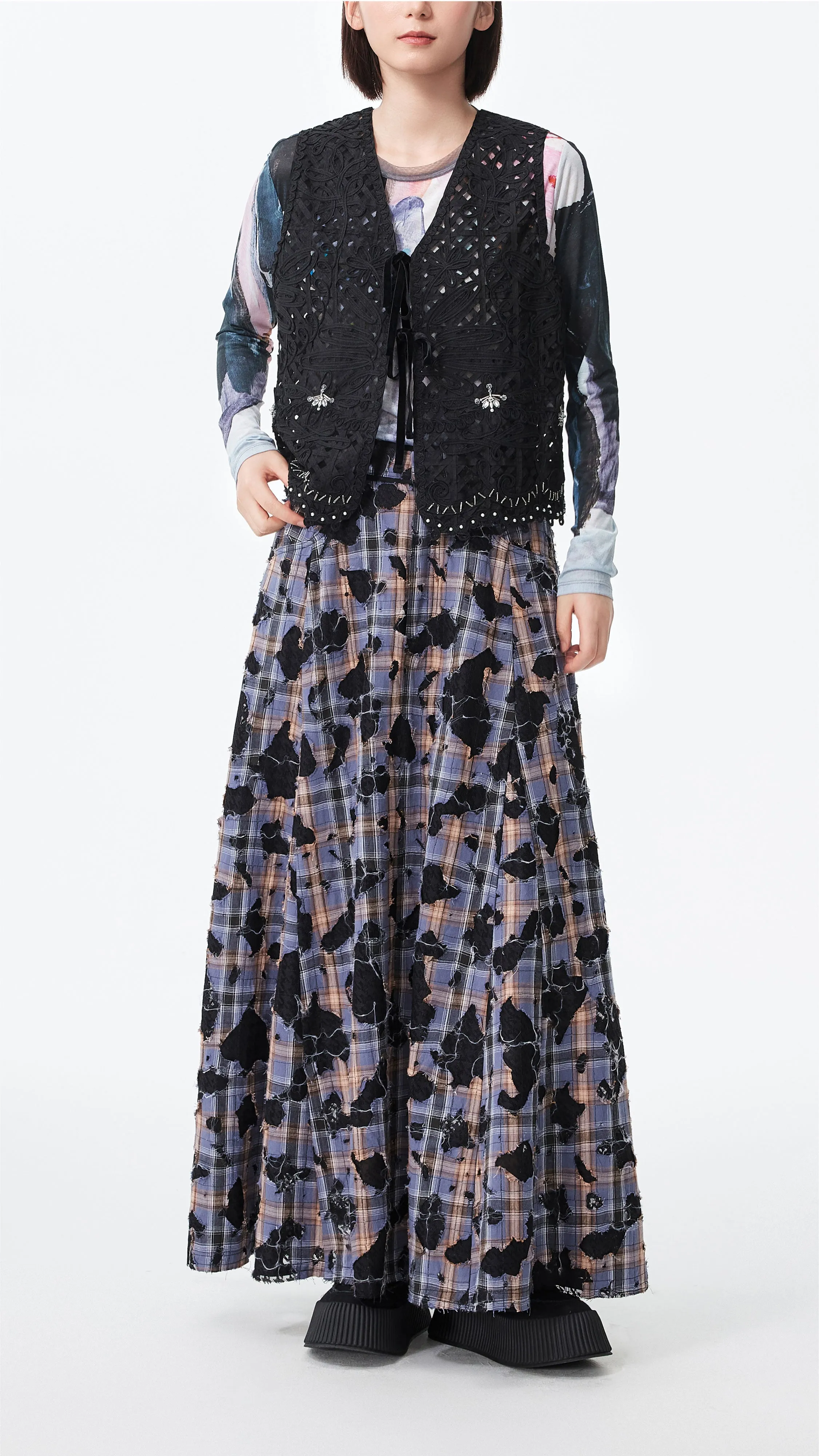 Media Feature Subtle Detail Patchwork Lace Flare Skirt