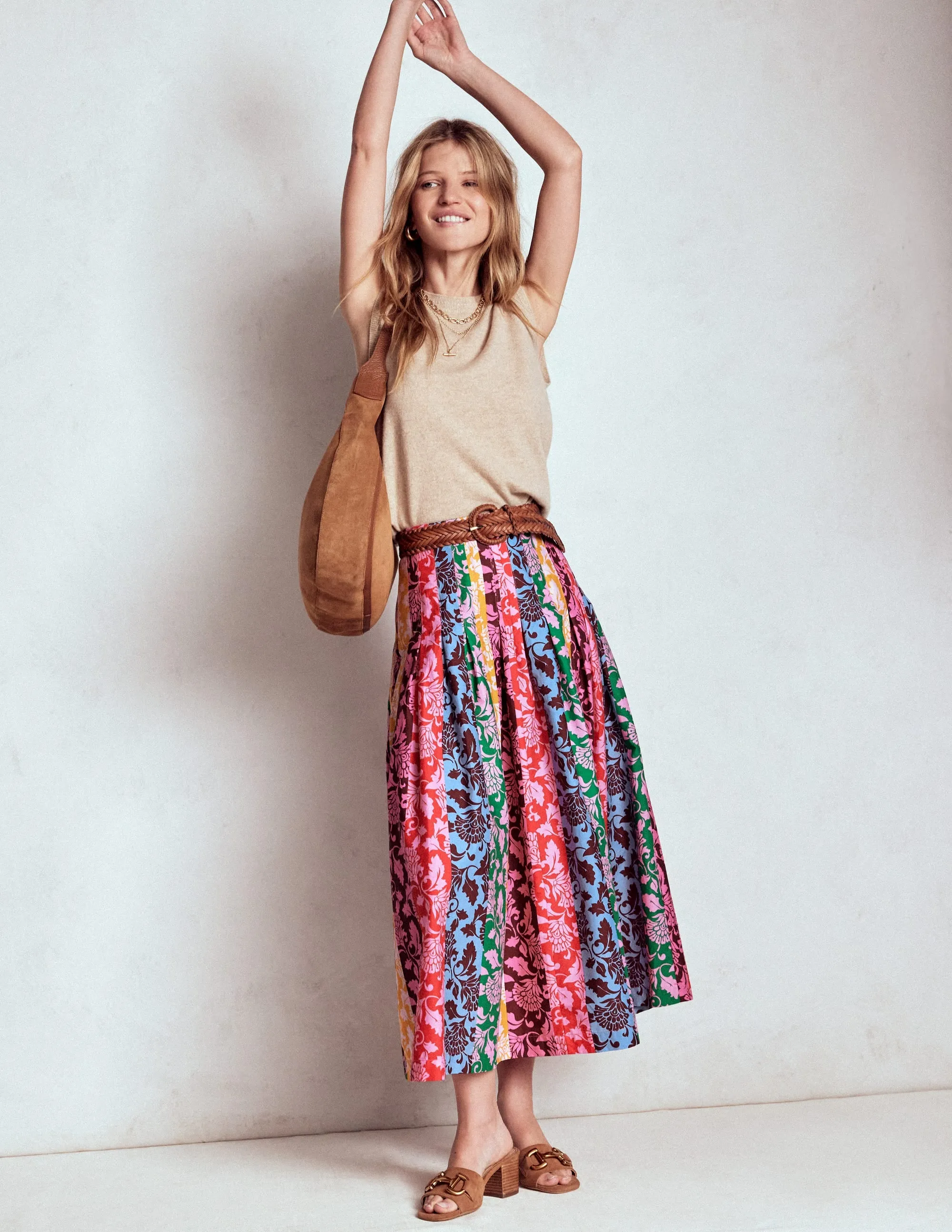 Soft Touch Foldable Design Valentina Poplin Midi Skirt-Multi, Ornate Vine Hotch