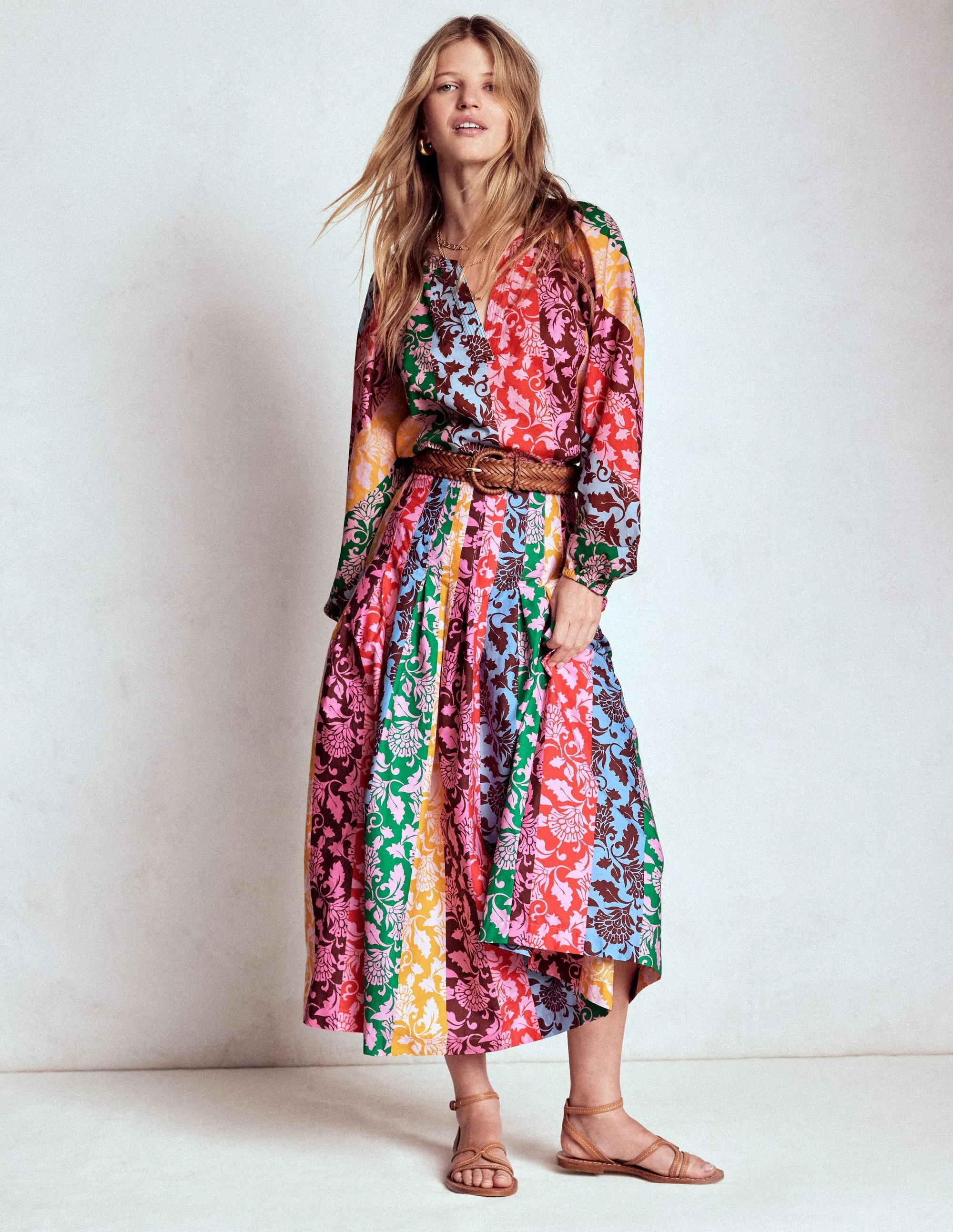 Crisscross Details Easy Fit Valentina Poplin Midi Skirt-Multi, Ornate Vine Hotch
