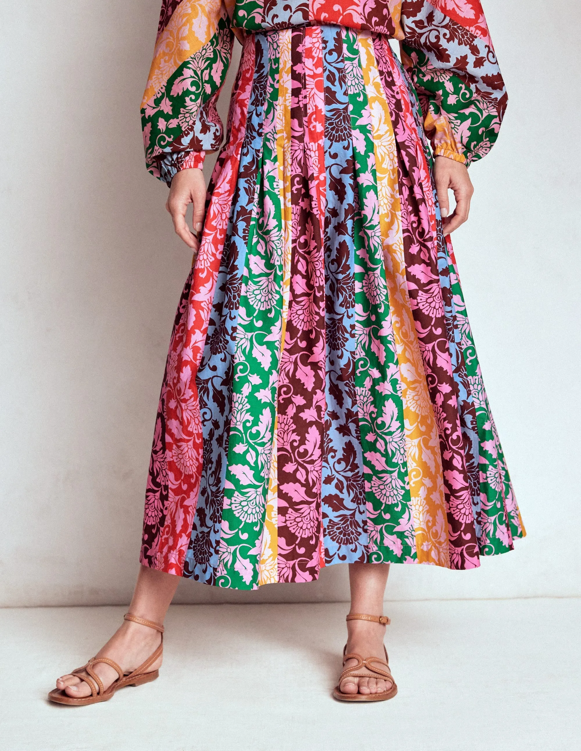 Valentina Poplin Midi Skirt-Multi, Ornate Vine Hotch Light Wear color block