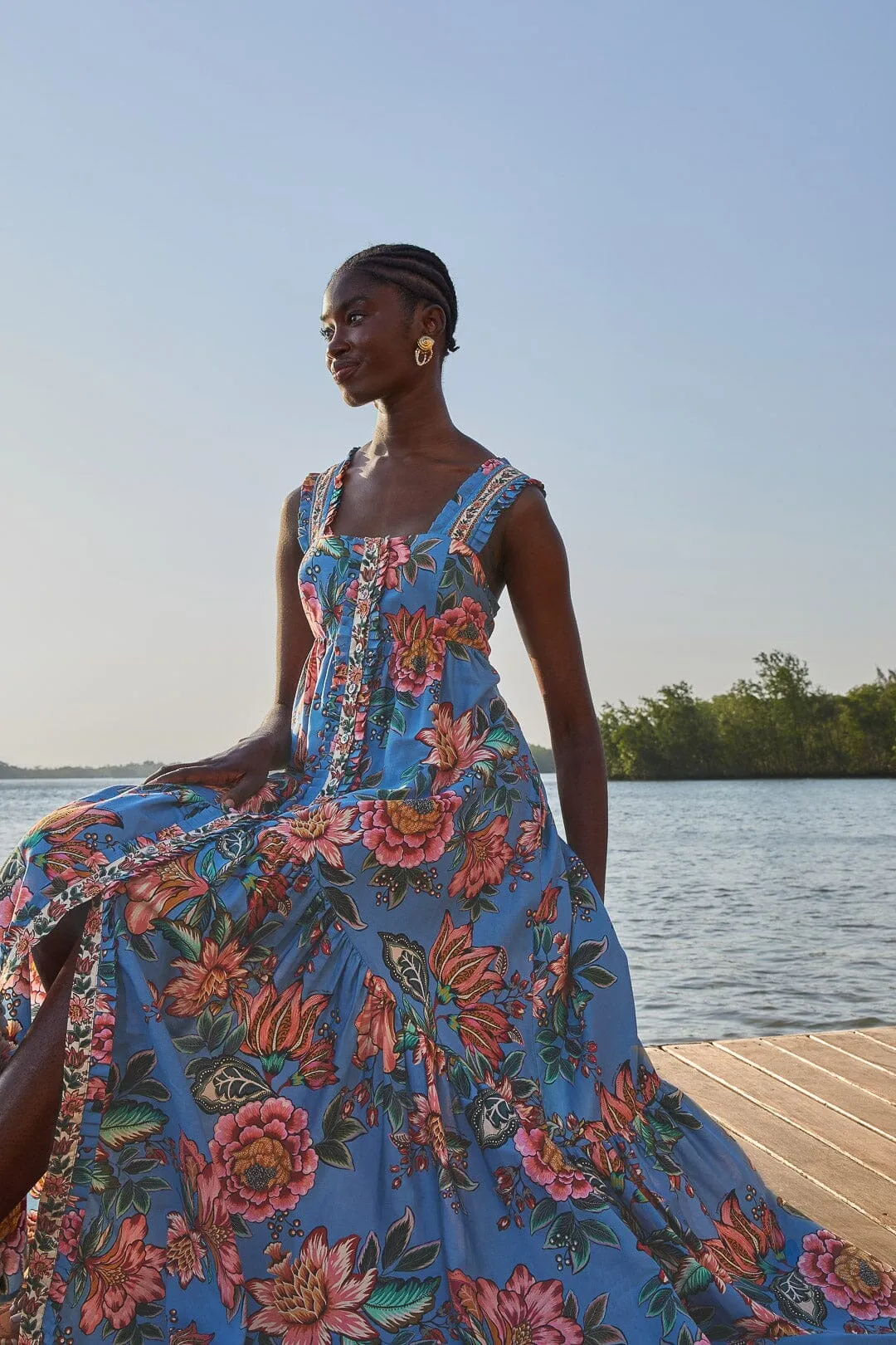 Blue Wonderful Bouquet Sleeveless Maxi Dress Dome Glow