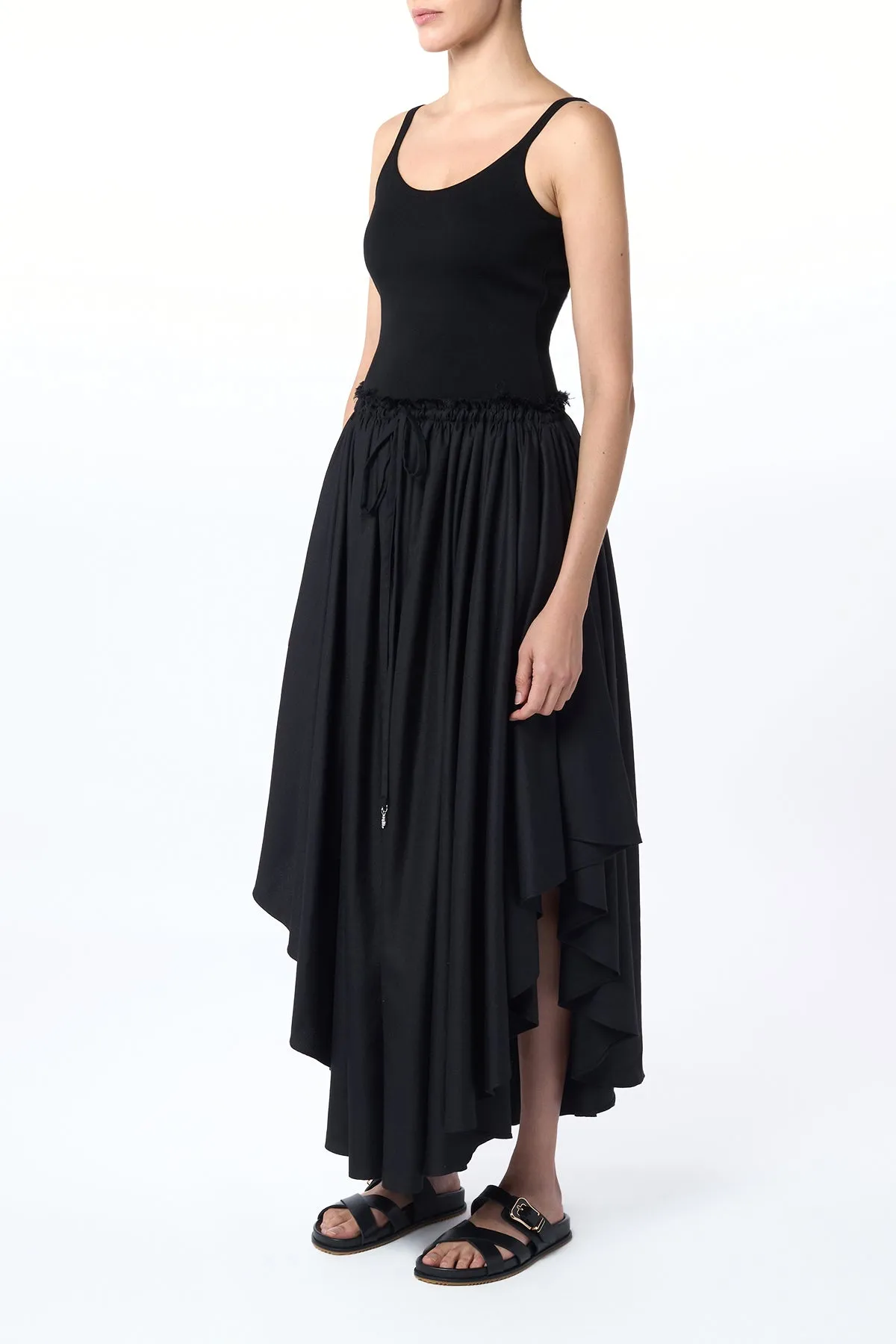 Train Ease Dea Pleated Maxi Skirt in Black Virgin Wool Silk Linen