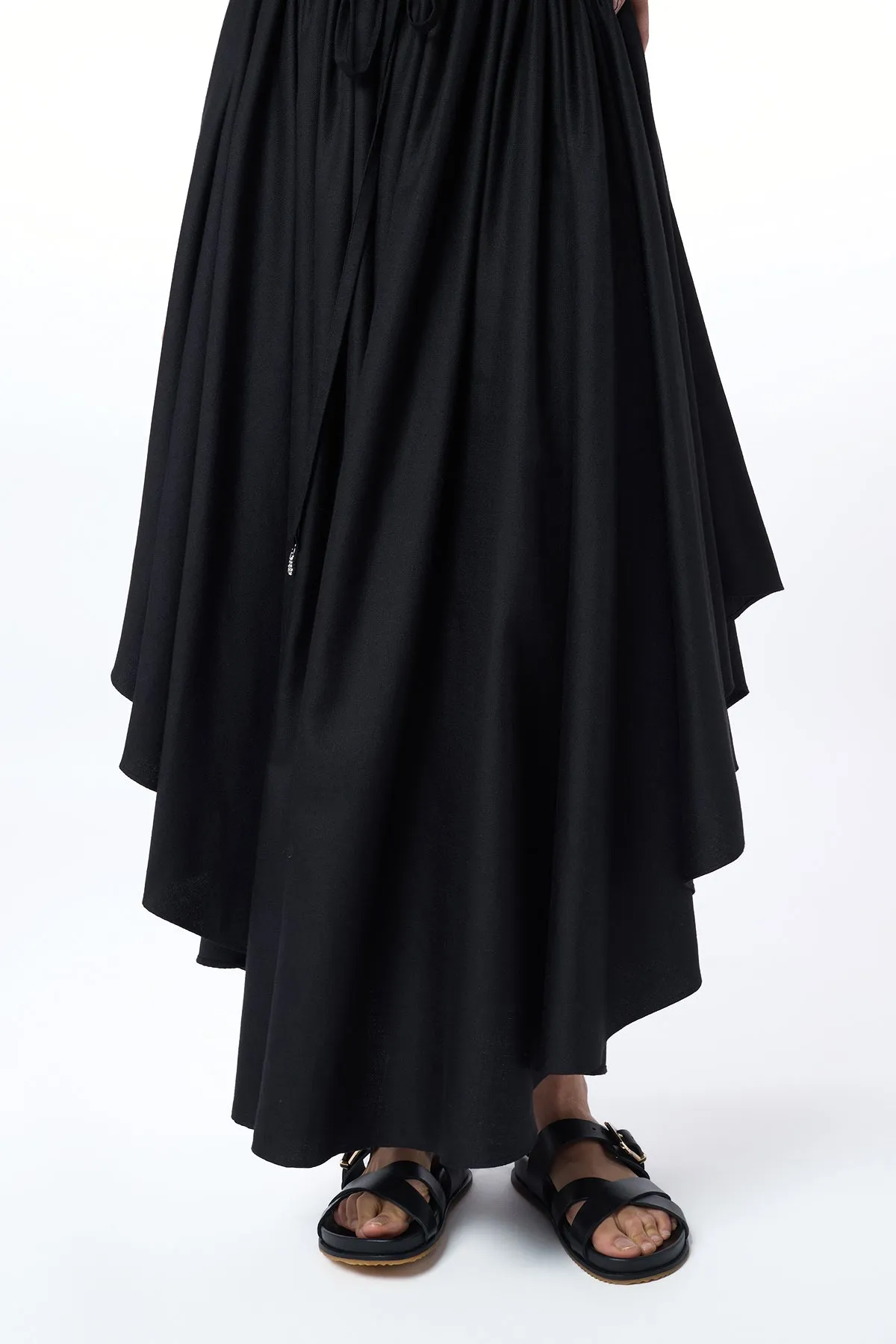 Dea Pleated Maxi Skirt in Black Virgin Wool Silk Linen Fold Over Design Soft Combo