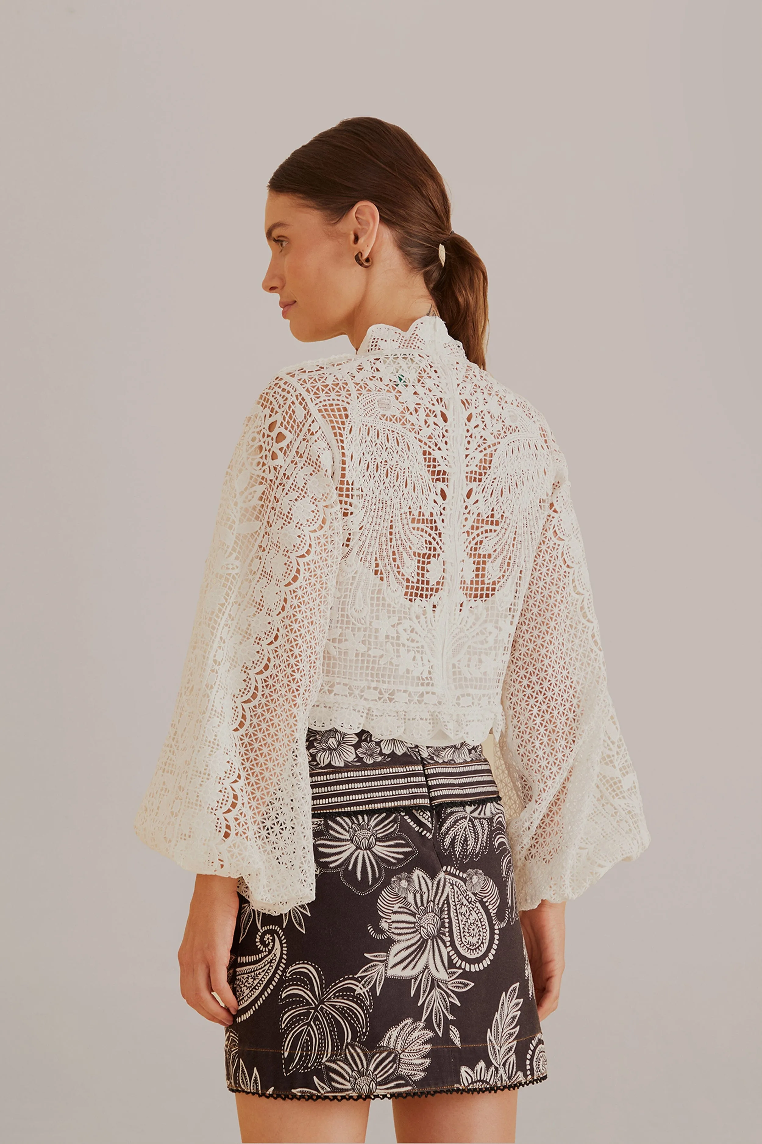 Feminine fit-and-flare style Off-White Guipure Long Sleeve Blouse