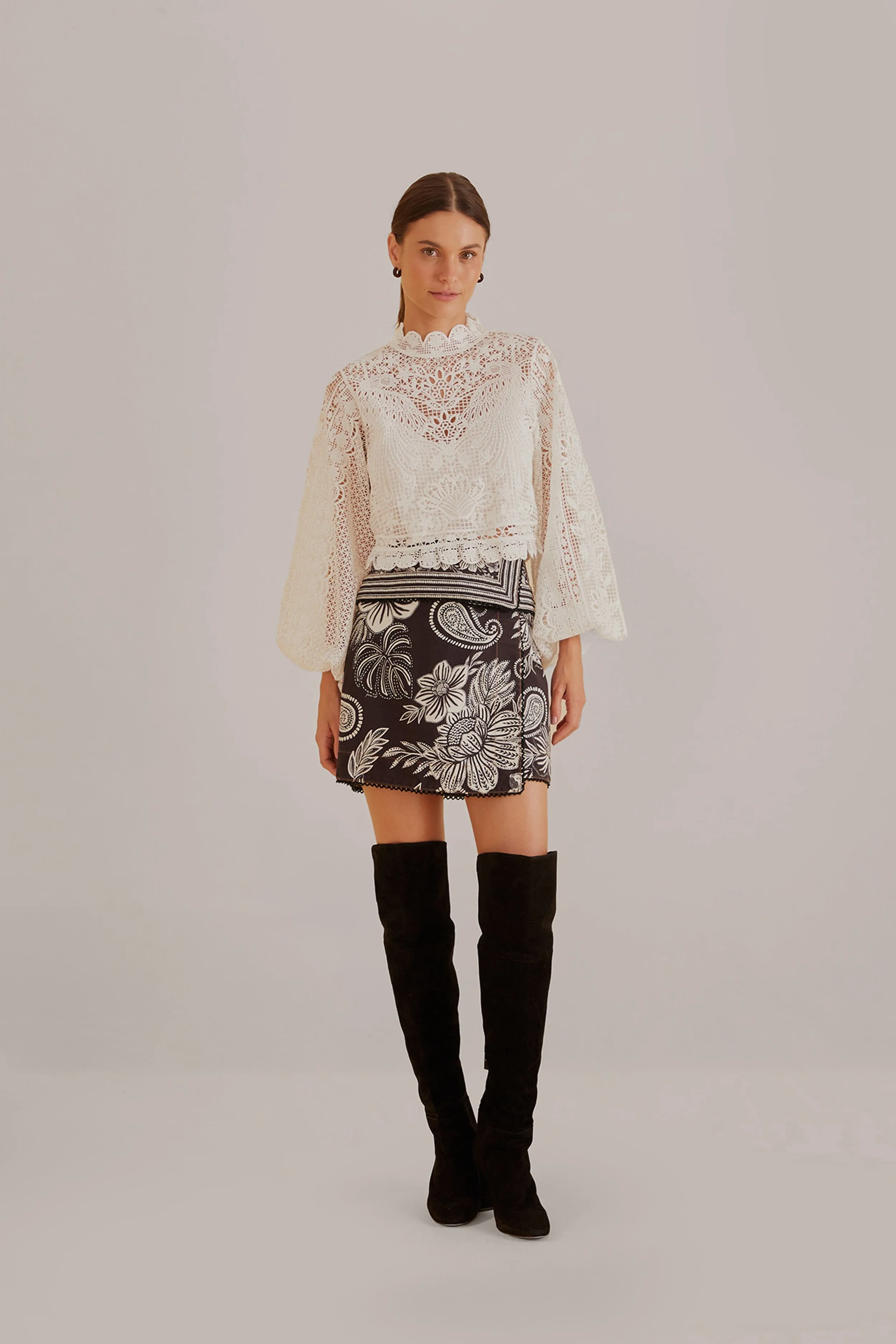 Serene Charm Off-White Guipure Long Sleeve Blouse