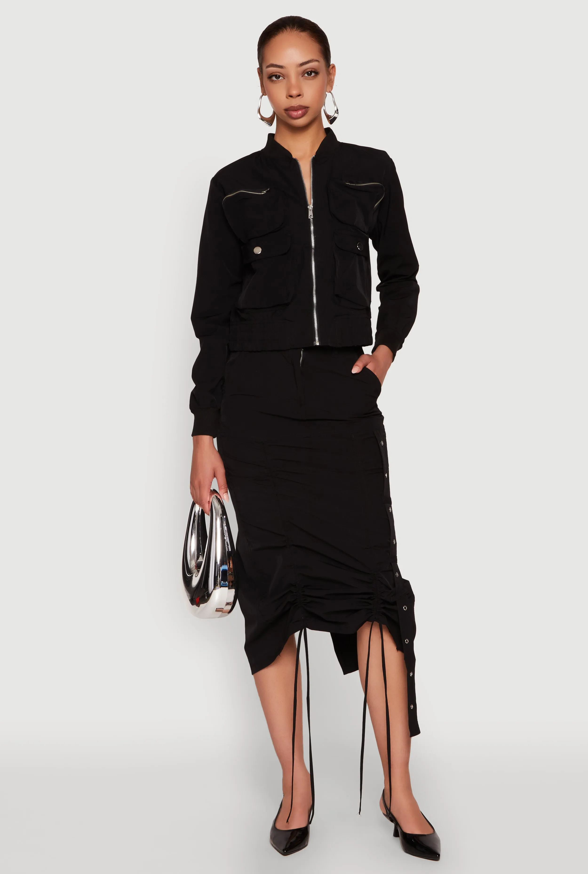 Contrast Panel High Waisted Grommet Detail Drawstring Skirt