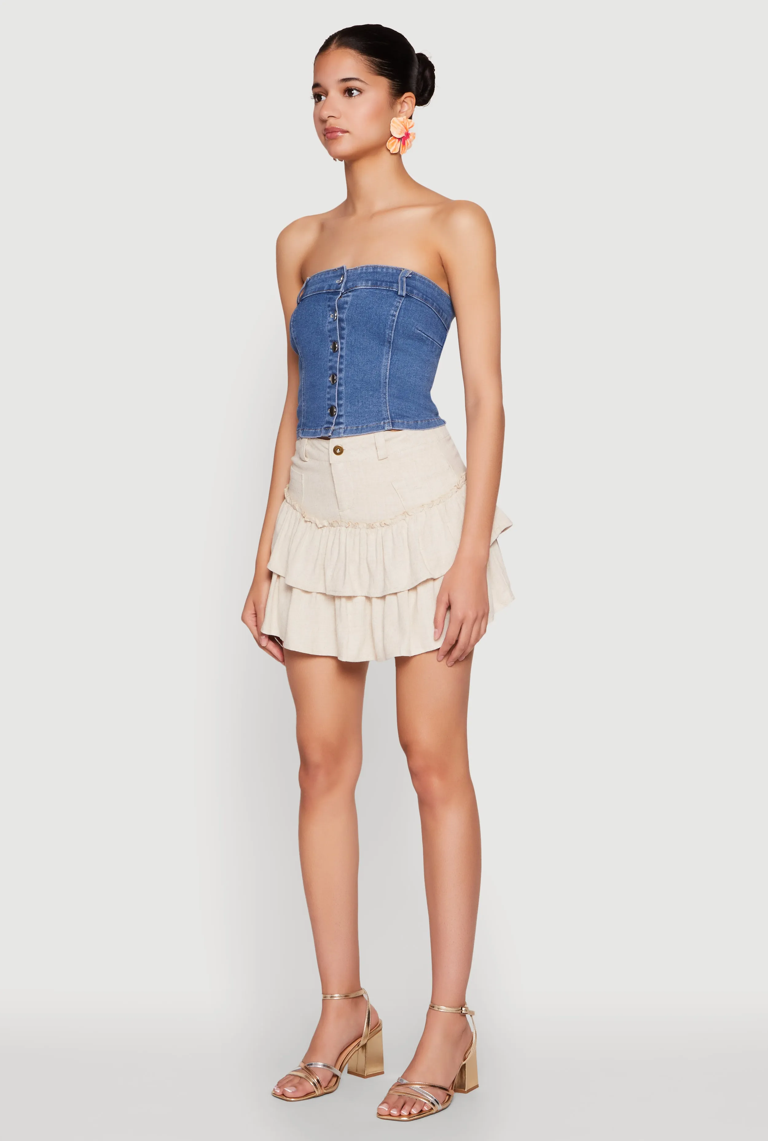 One Button Tiered Mini Skirt Comfy Fit Knitted Fabric