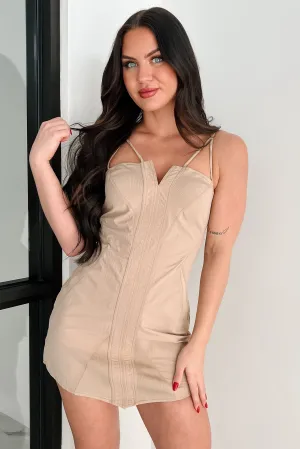 All-Out Effort Contrast Panel Mini Dress (Taupe) Elasticized Waistband Daytime casual mini