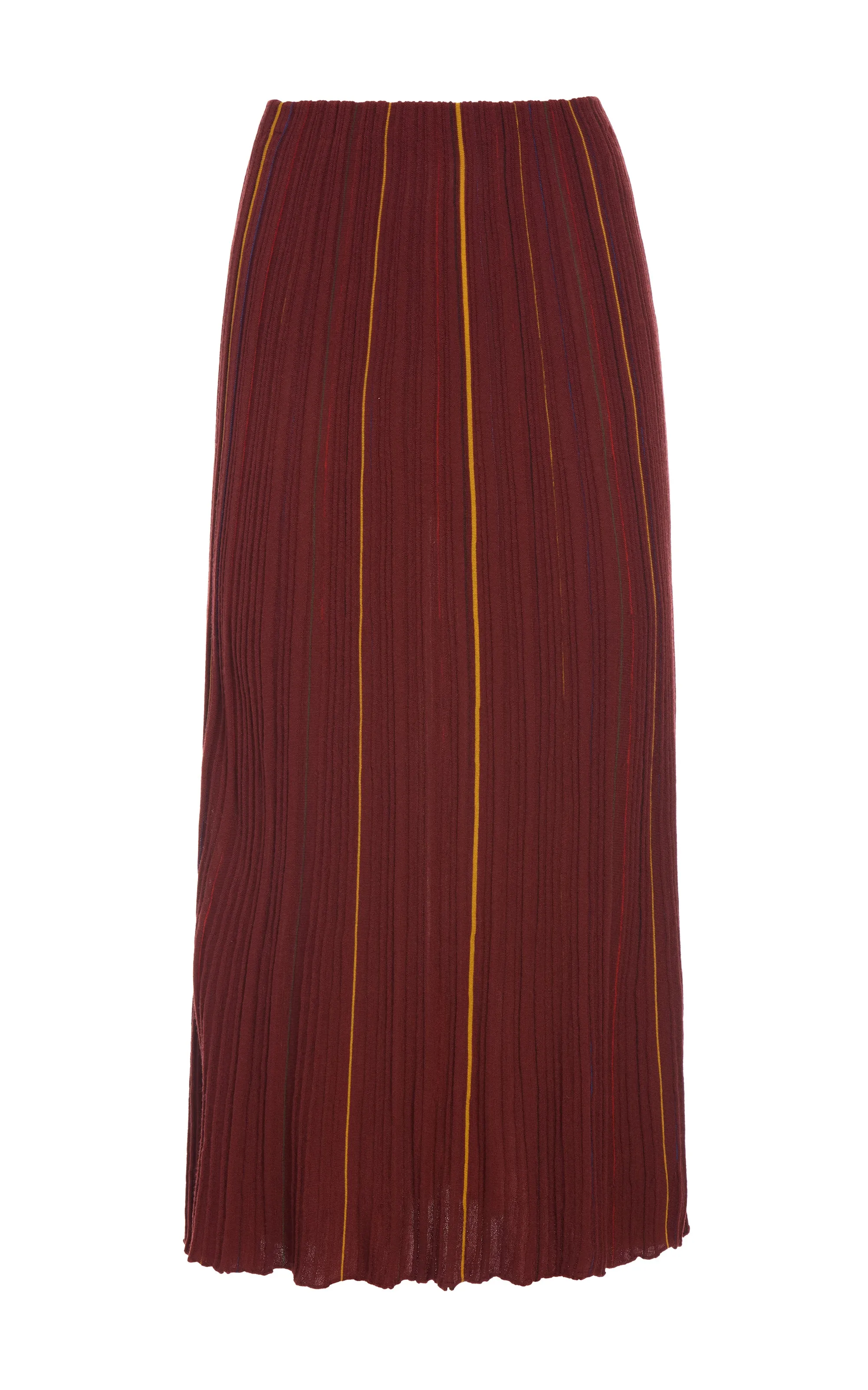 Editorial Look Wedding guest Celeano Pinstripe Knit Midi Skirt Burnt Sienna Merino Wool