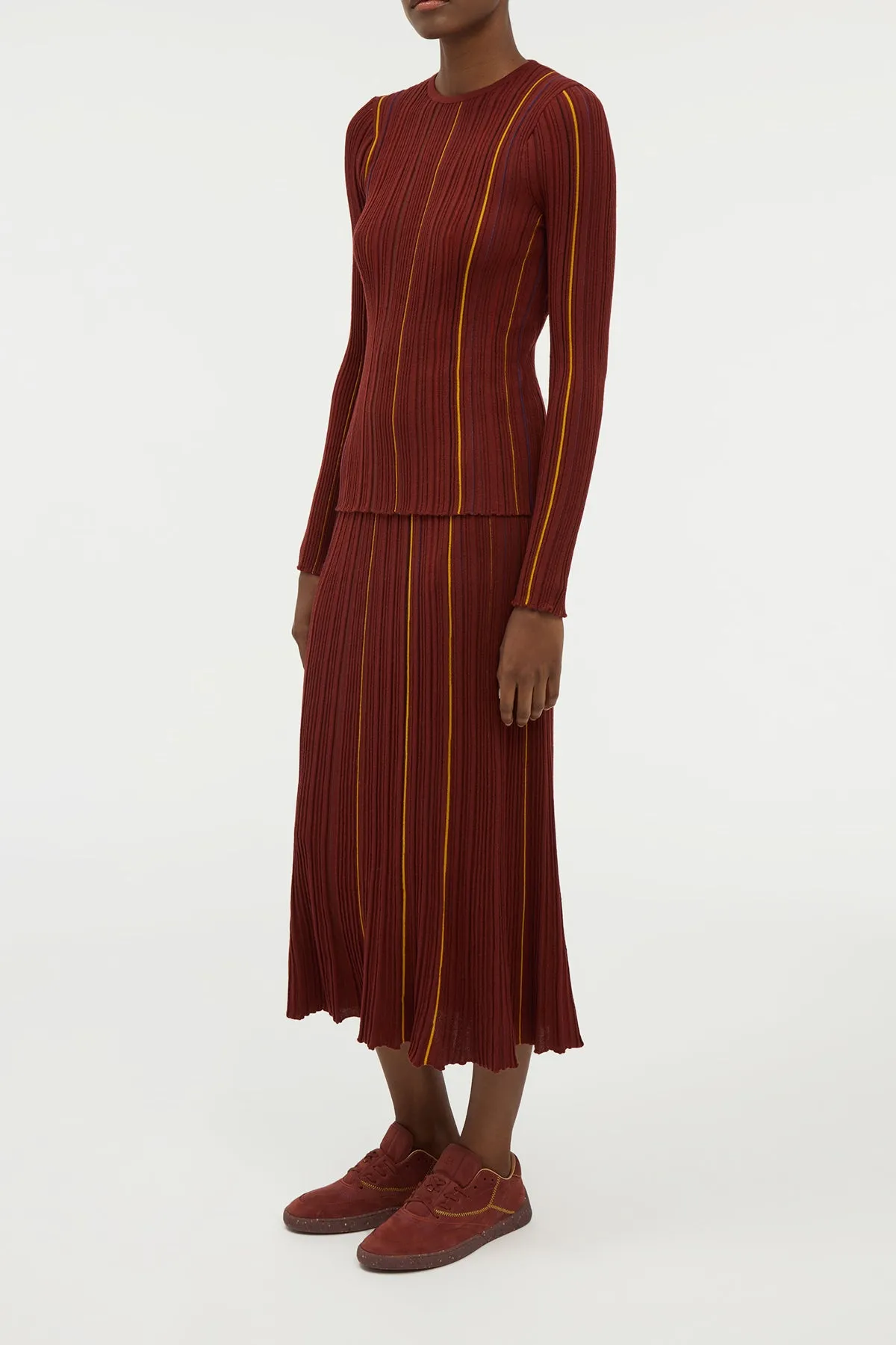 Water Resistant Celeano Pinstripe Knit Midi Skirt Burnt Sienna Merino Wool