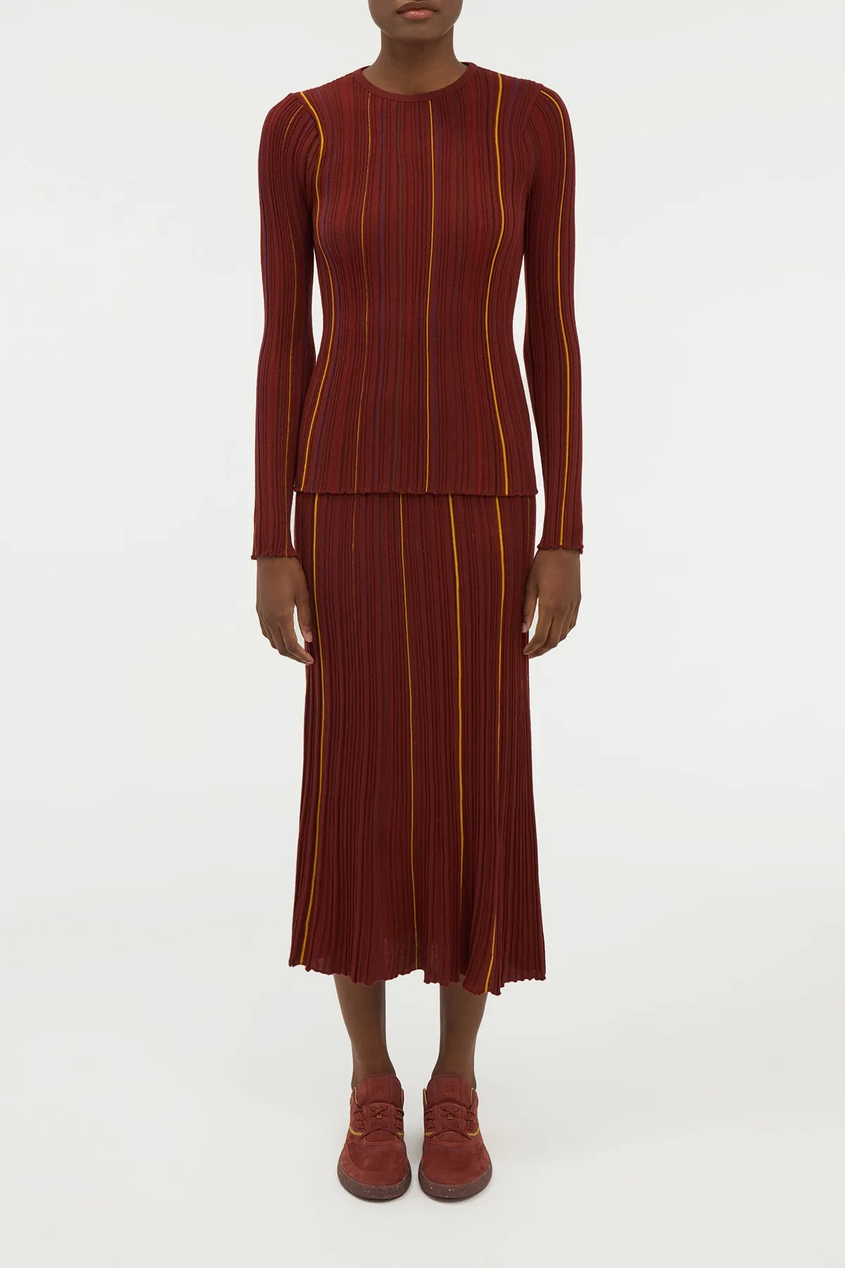 Celeano Pinstripe Knit Midi Skirt Burnt Sienna Merino Wool BalancedDrape
