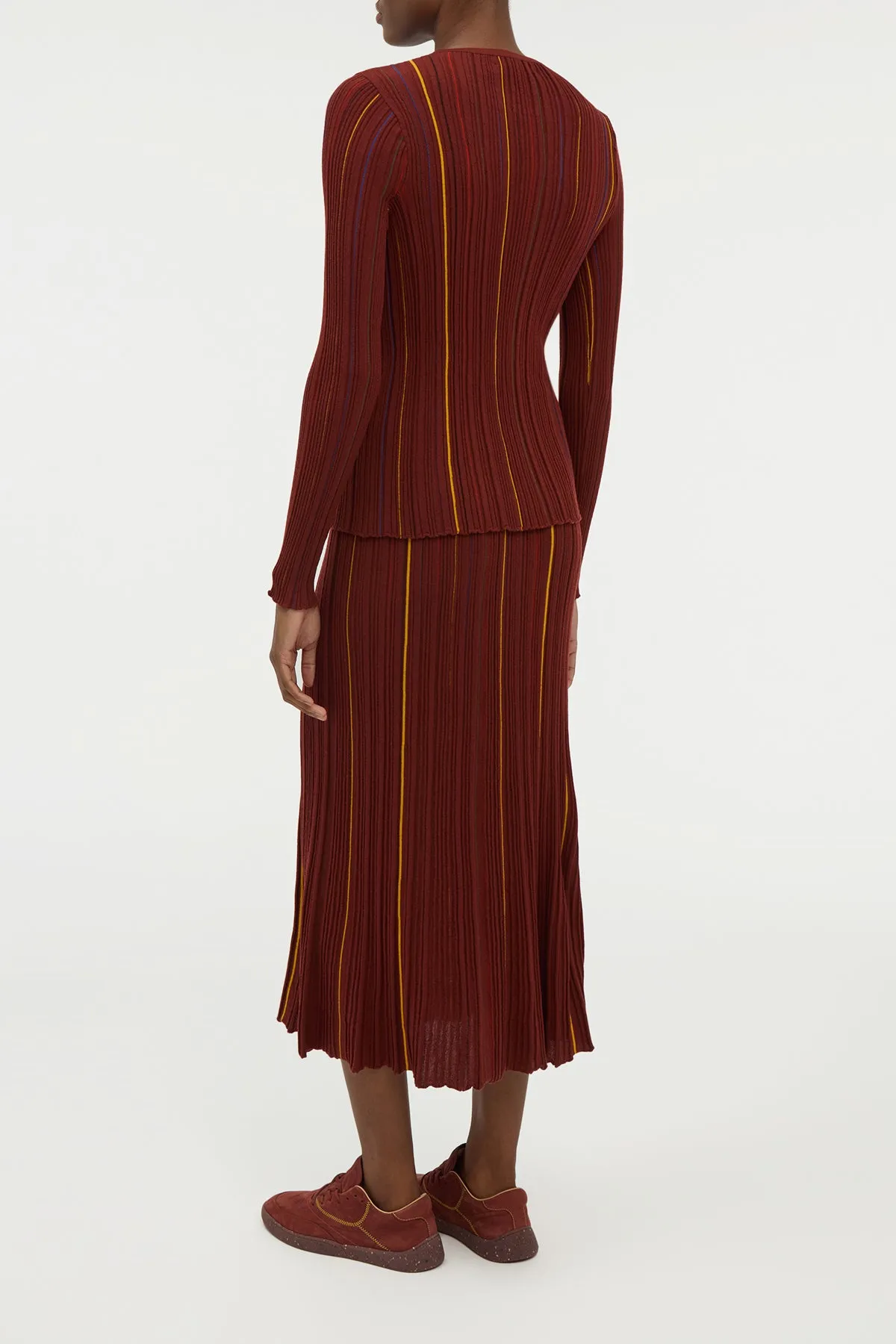 Art Gallery Visit Minimal Style Celeano Pinstripe Knit Midi Skirt Burnt Sienna Merino Wool
