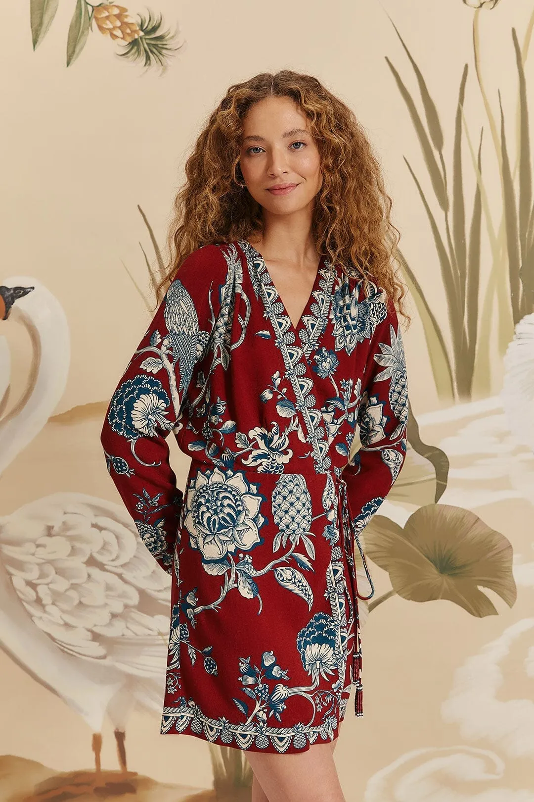 Red Tropical Landing Wrap Mini Dress Light Mode