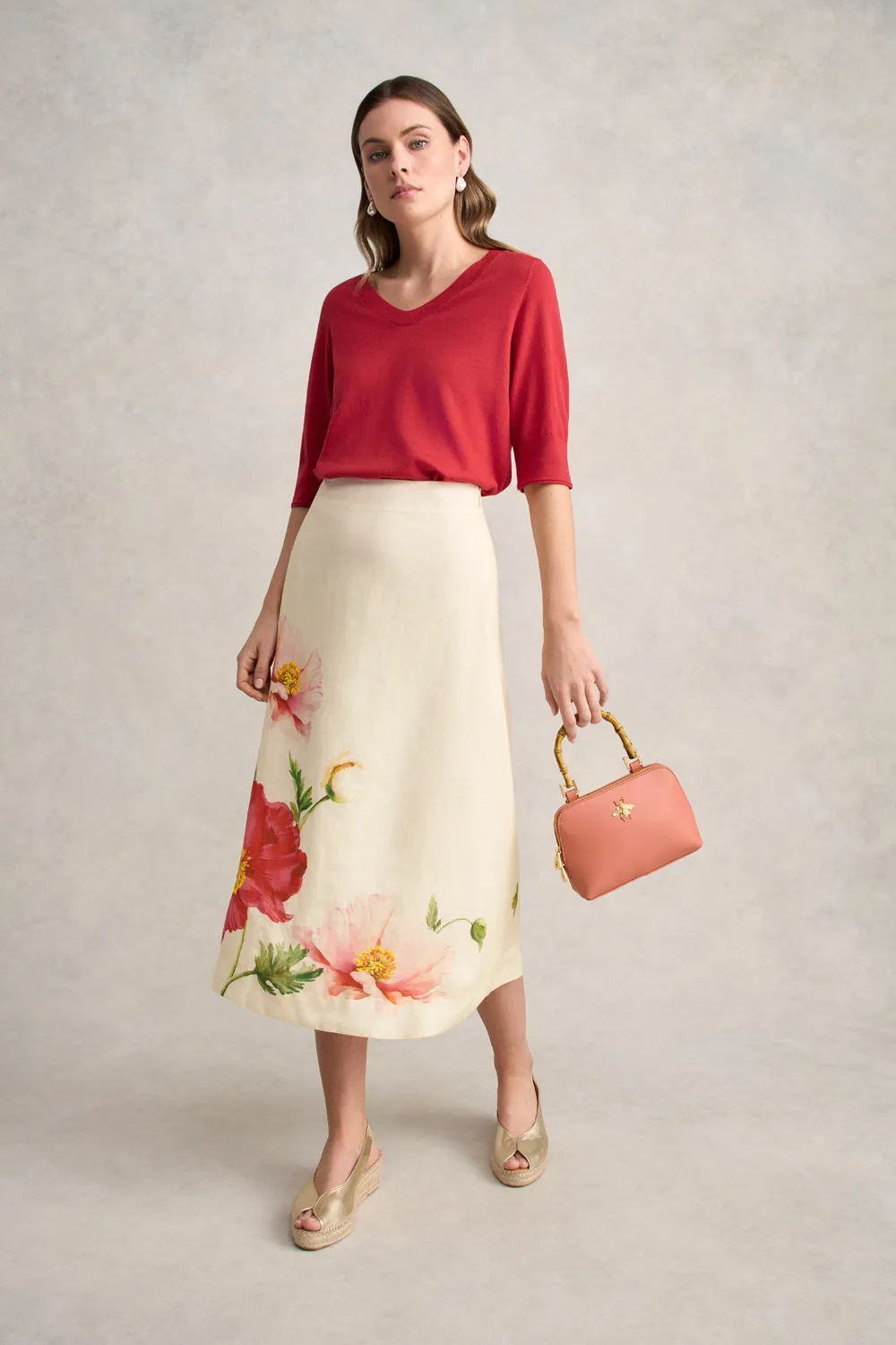 Neutral Tone Style Fusion Ramie A-Line Skirt ?C Poppy Print