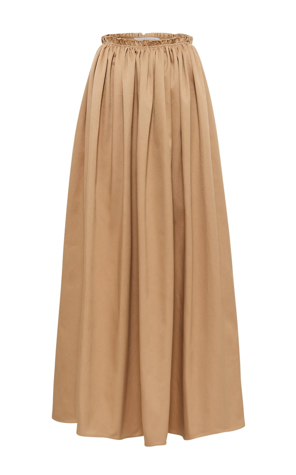 Chiara Pleated Midi Skirt in Camel Sea Island Cotton Twill Casual Outfit